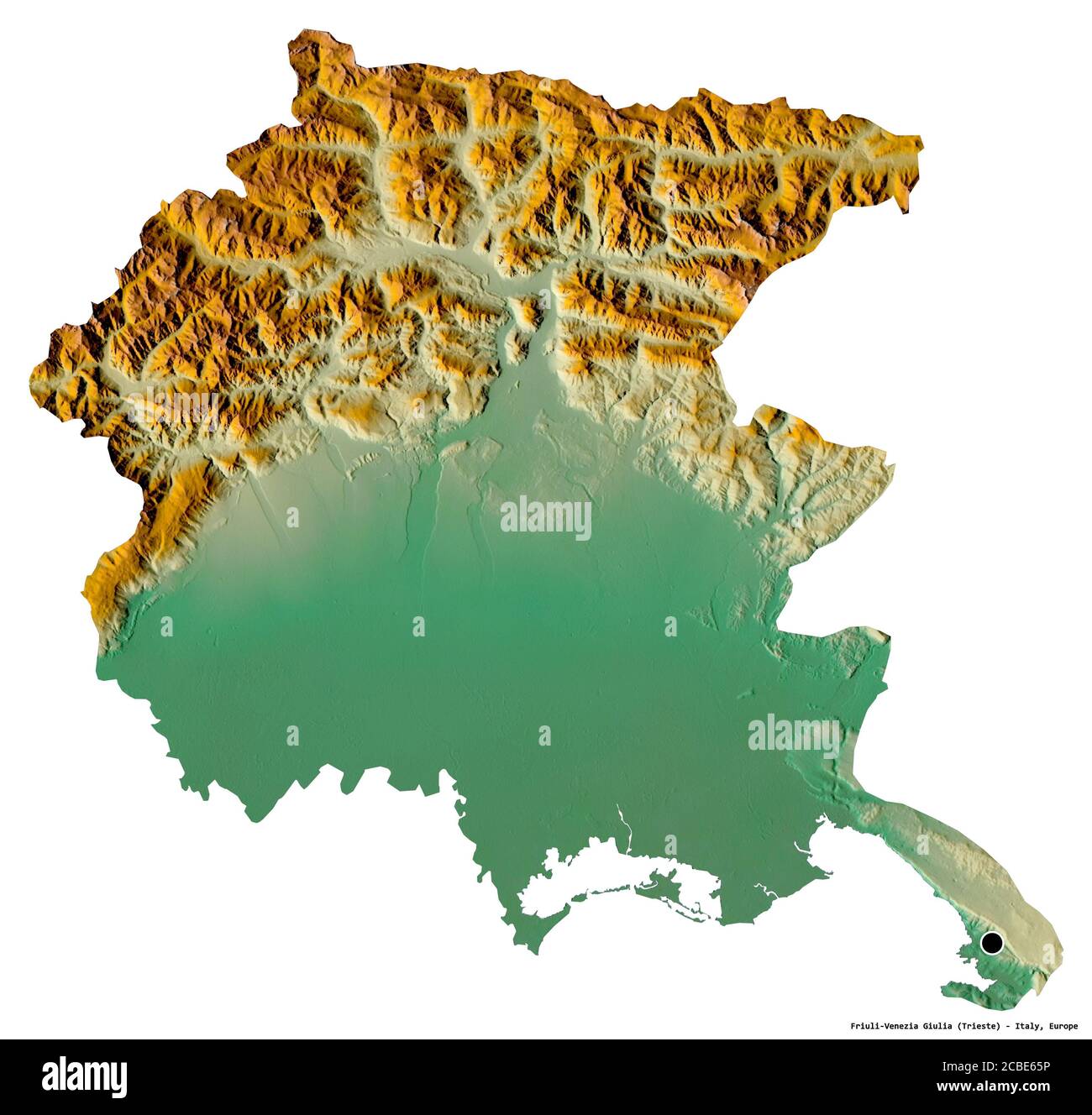 Form von Friaul-Julisch Venetien, autonome Region Italiens, mit seiner Hauptstadt auf weißem Hintergrund isoliert. Topografische Reliefkarte. 3D-Rendering Stockfoto