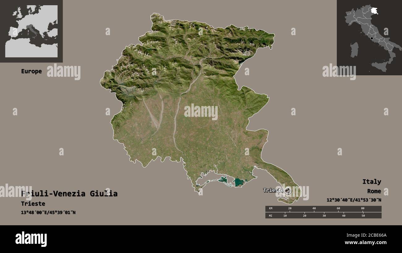 Form von Friaul-Julisch Venetien, autonome Region Italiens, und seine Hauptstadt. Entfernungsskala, Vorschauen und Beschriftungen. Satellitenbilder. 3D-Rendering Stockfoto