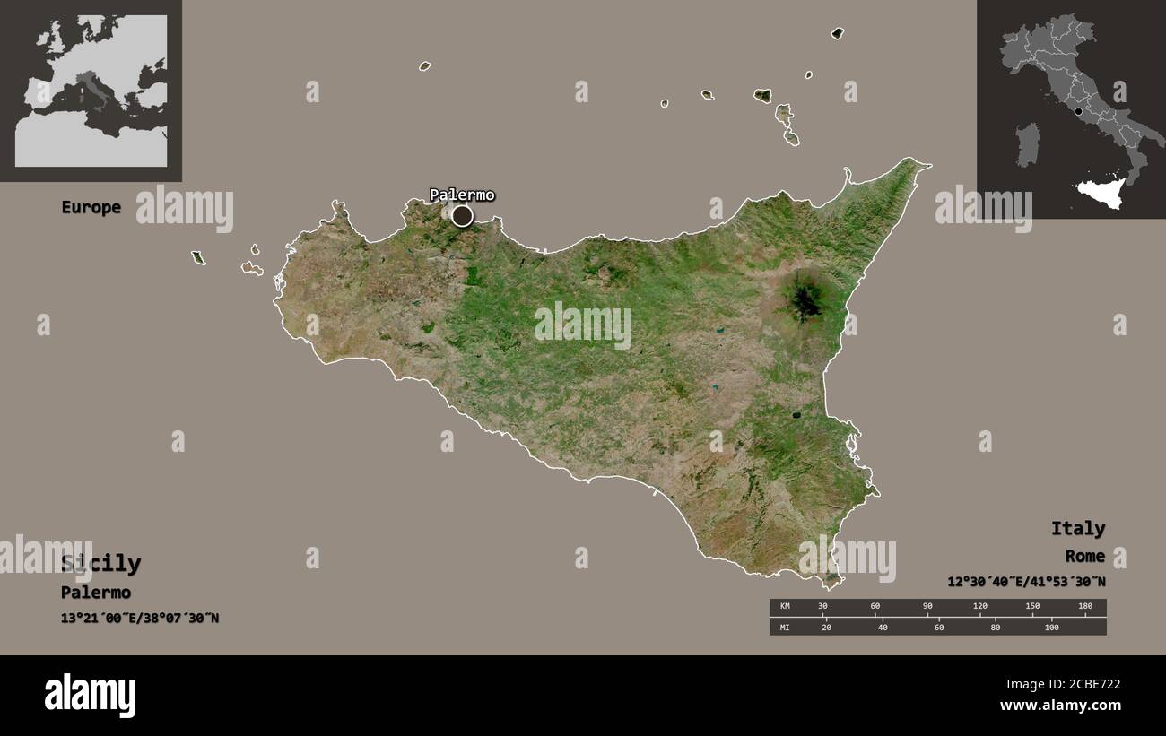 Form von Sizilien, autonome Region von Italien, und seine Hauptstadt. Entfernungsskala, Vorschauen und Beschriftungen. Satellitenbilder. 3D-Rendering Stockfoto