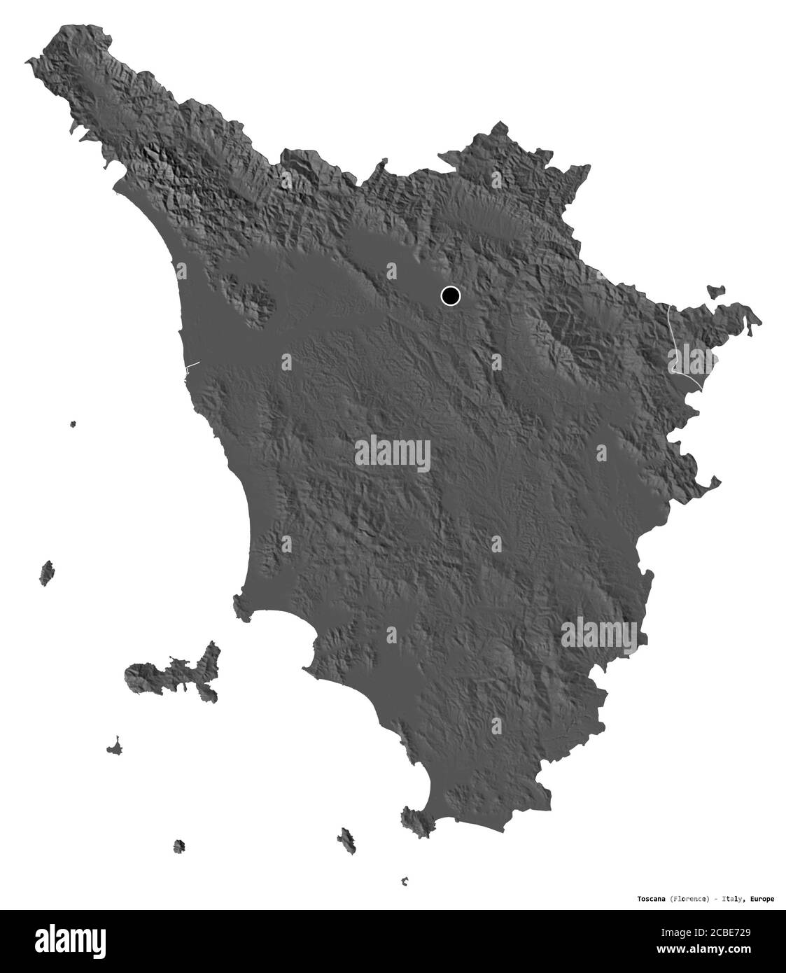 Form von Toscana, Region von Italien, mit seiner Hauptstadt isoliert auf weißem Hintergrund. Höhenkarte mit zwei Ebenen. 3D-Rendering Stockfoto