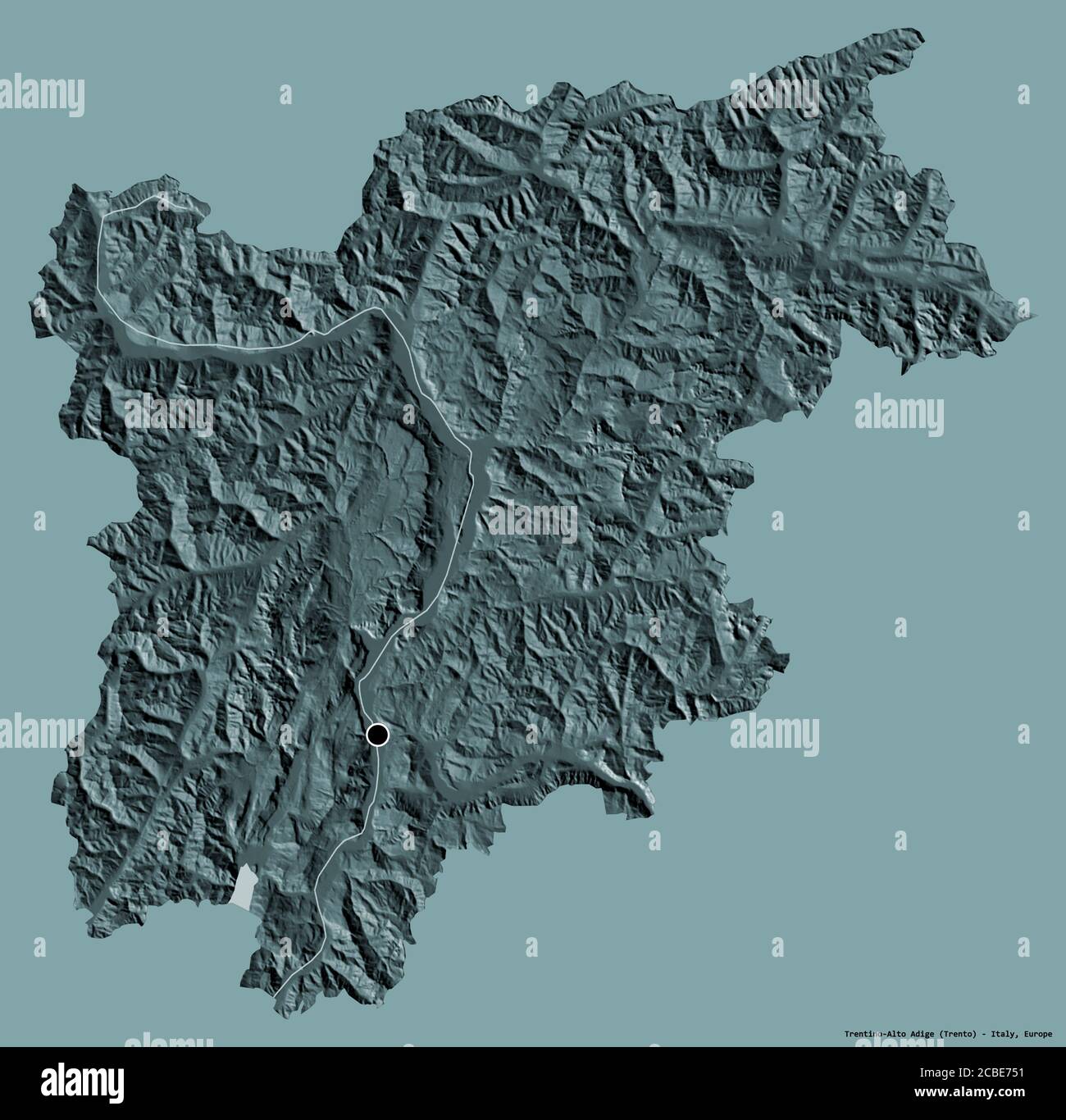Form von Trentino-Südtirol, autonome Region Italiens, mit seiner Hauptstadt isoliert auf einem einfarbigen Hintergrund. Farbige Höhenkarte. 3D-Rendering Stockfoto