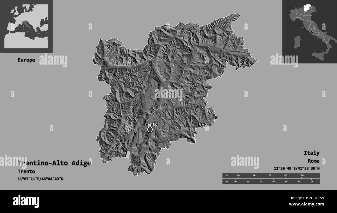 Form von Trentino-Südtirol, autonome Region Italiens, und seine Hauptstadt. Entfernungsskala, Vorschauen und Beschriftungen. Höhenkarte mit zwei Ebenen. 3D-Rendering Stockfoto