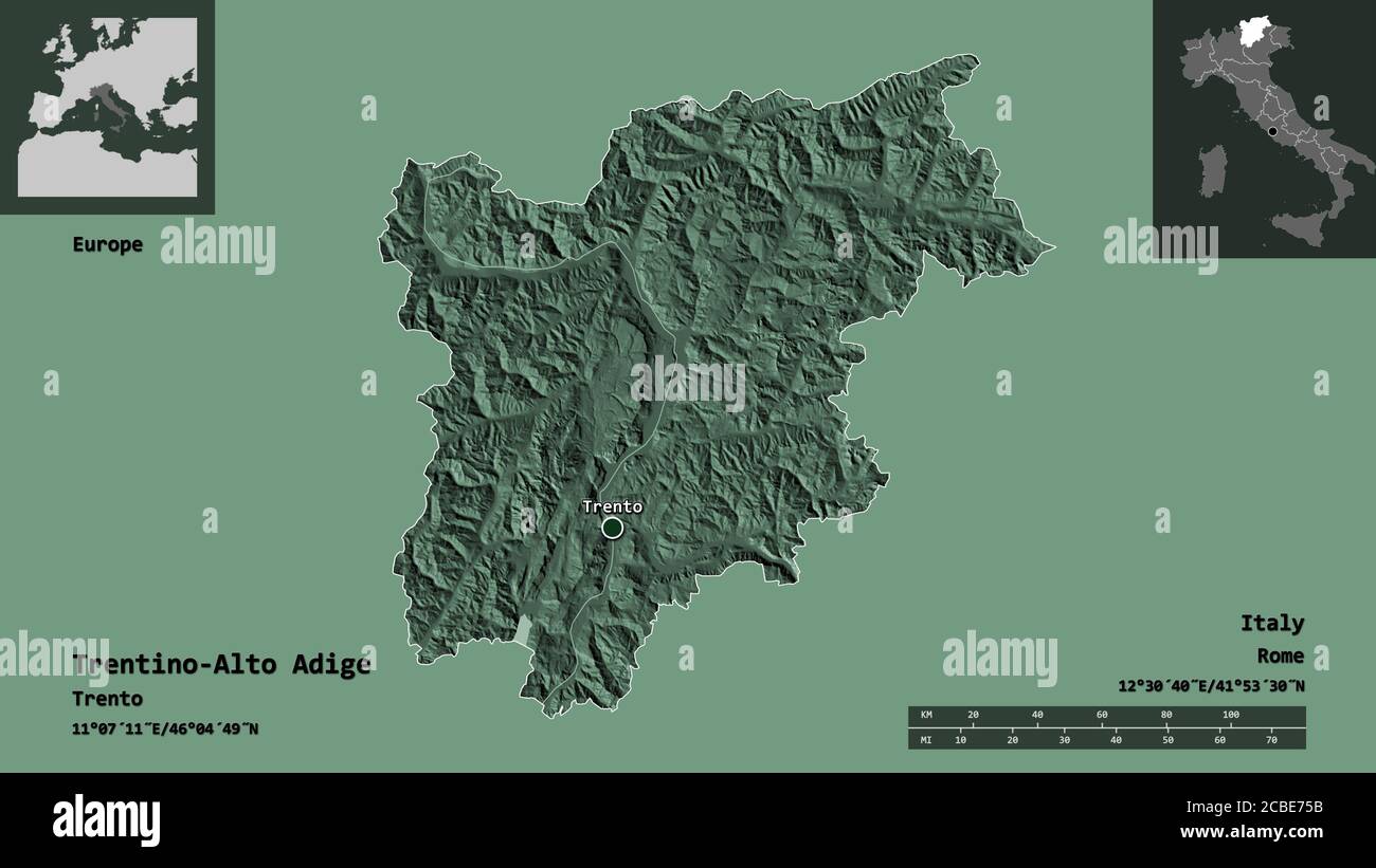 Form von Trentino-Südtirol, autonome Region Italiens, und seine Hauptstadt. Entfernungsskala, Vorschauen und Beschriftungen. Farbige Höhenkarte. 3D-Rendering Stockfoto