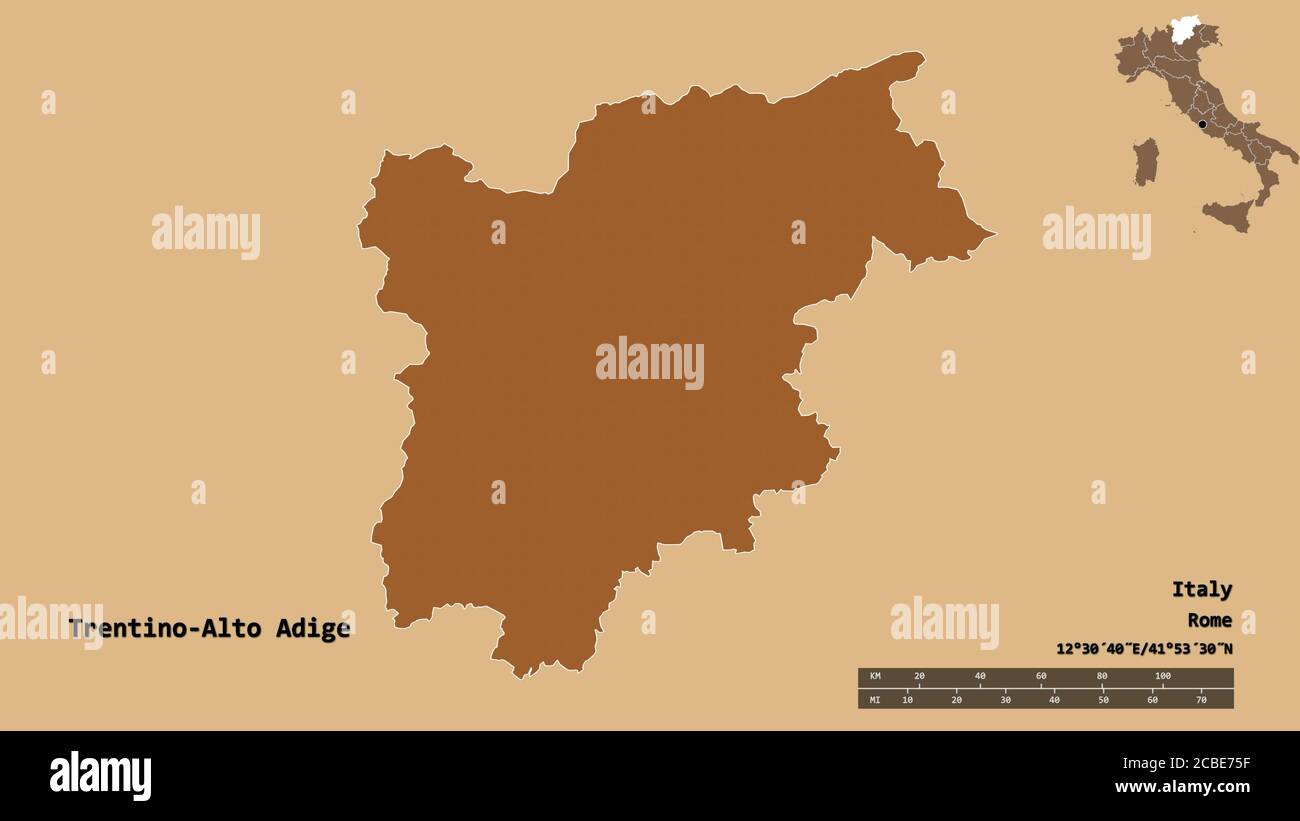 Form von Trentino-Südtirol, autonome Region Italiens, mit seiner Hauptstadt isoliert auf festem Hintergrund. Entfernungsskala, Regionenvorschau und Beschriftungen. Co Stockfoto