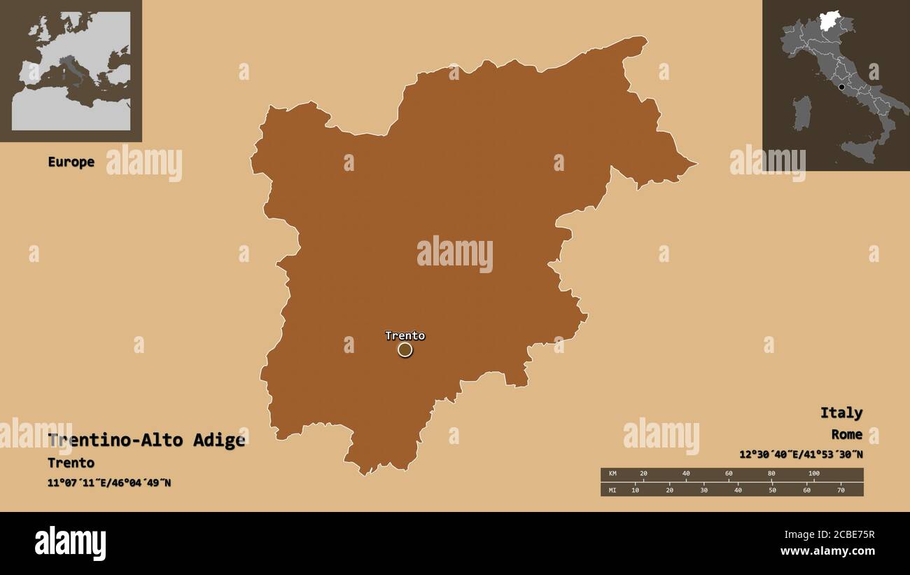 Form von Trentino-Südtirol, autonome Region Italiens, und seine Hauptstadt. Entfernungsskala, Vorschauen und Beschriftungen. Komposition von gemusterten Texturen. 3D Stockfoto