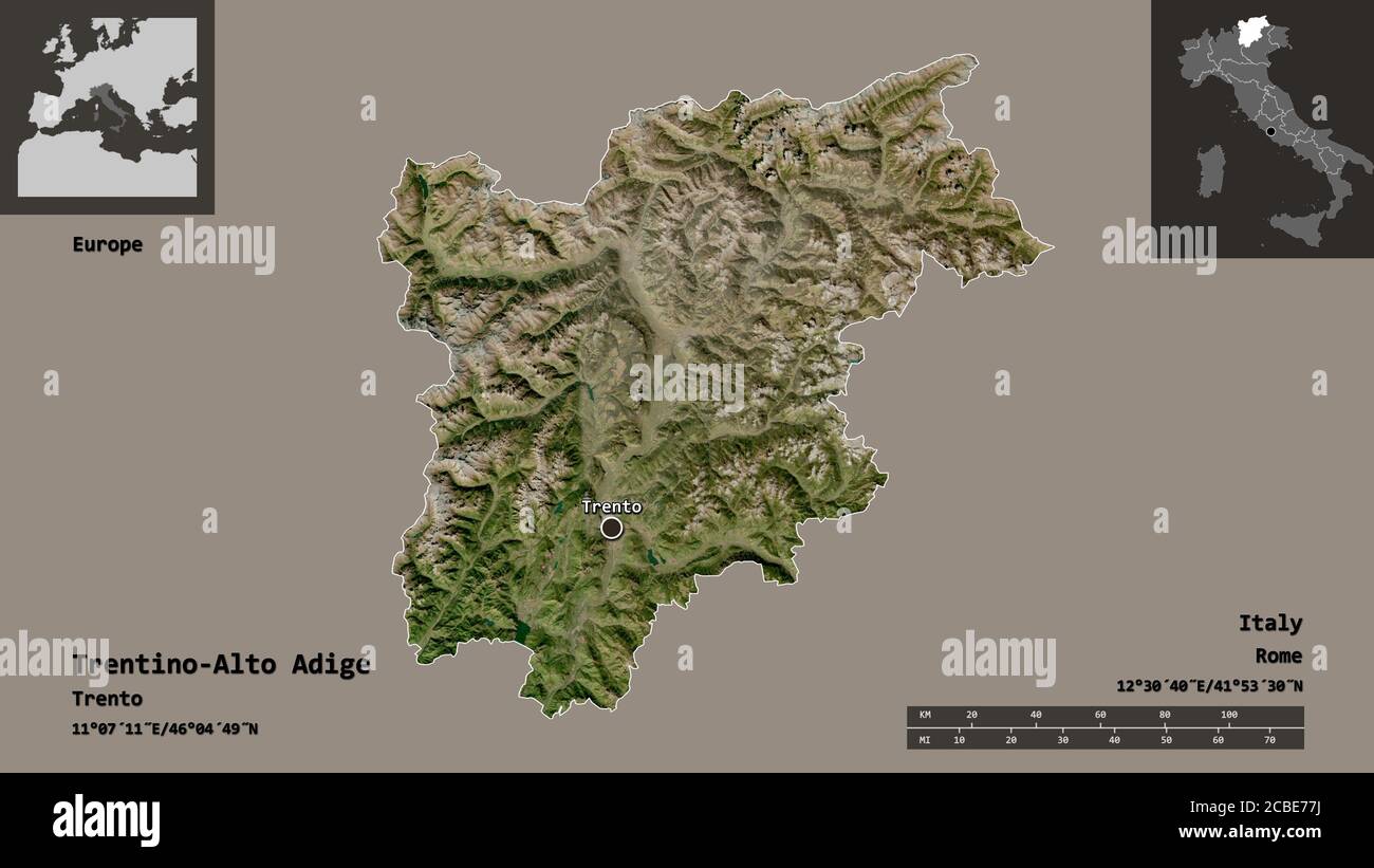 Form von Trentino-Südtirol, autonome Region Italiens, und seine Hauptstadt. Entfernungsskala, Vorschauen und Beschriftungen. Satellitenbilder. 3D-Rendering Stockfoto