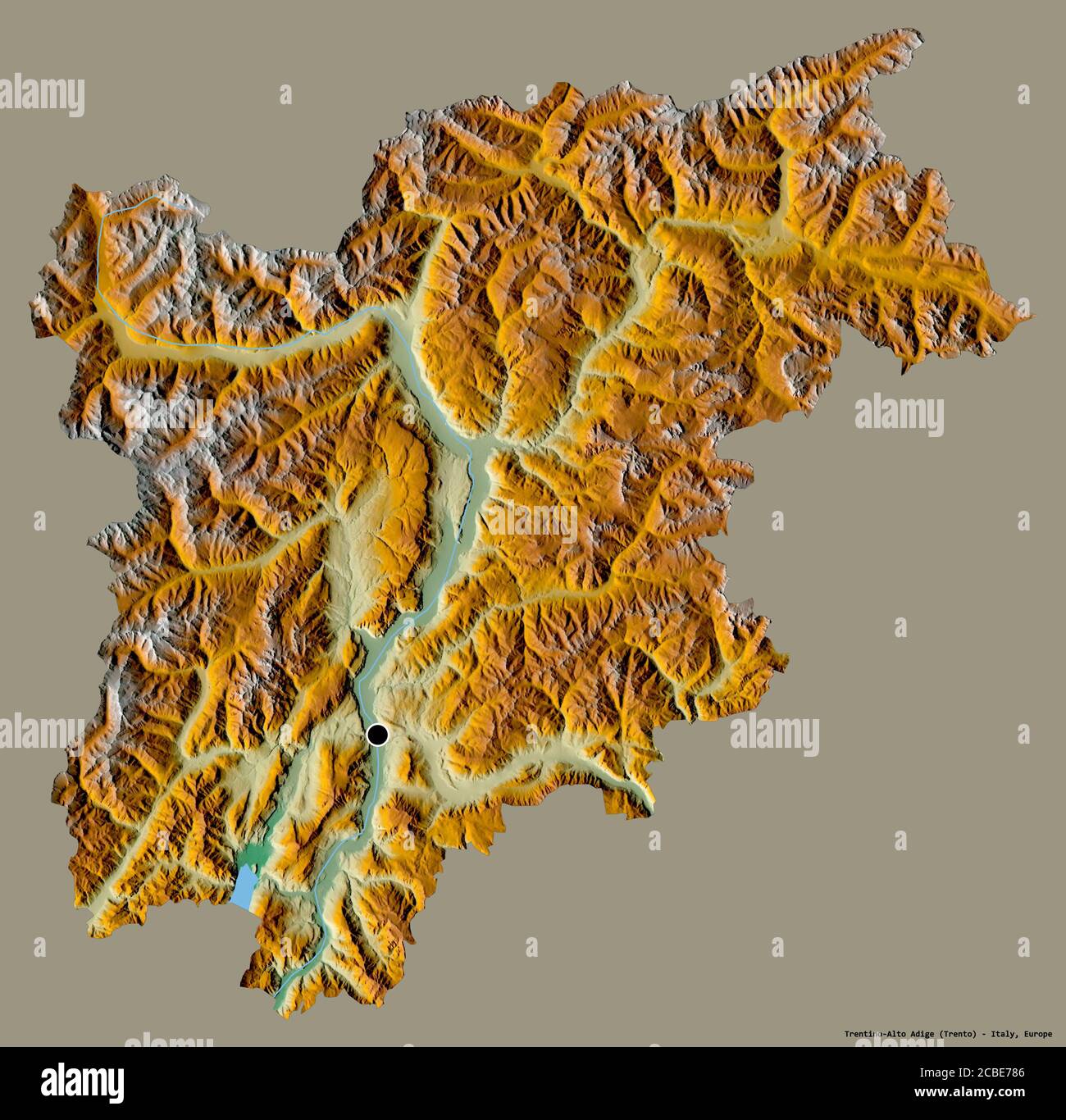 Form von Trentino-Südtirol, autonome Region Italiens, mit seiner Hauptstadt isoliert auf einem einfarbigen Hintergrund. Topografische Reliefkarte. 3D-Rendering Stockfoto