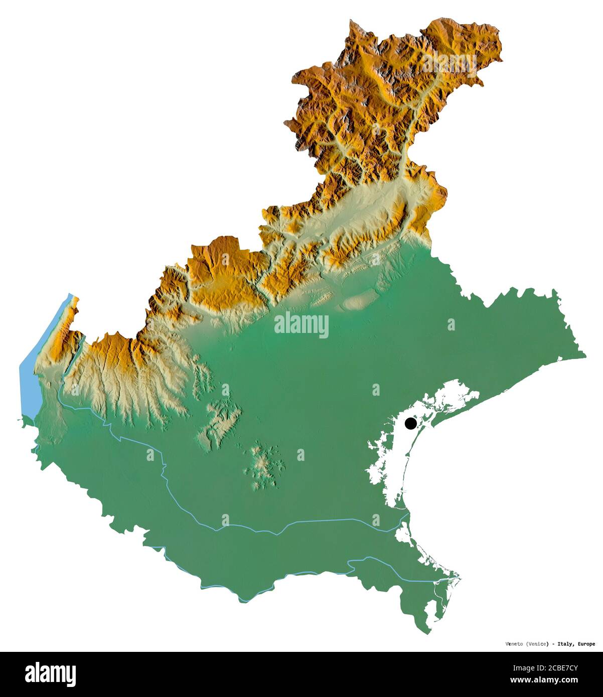 Form von Venetien, Region von Italien, mit seiner Hauptstadt isoliert auf weißem Hintergrund. Topografische Reliefkarte. 3D-Rendering Stockfoto