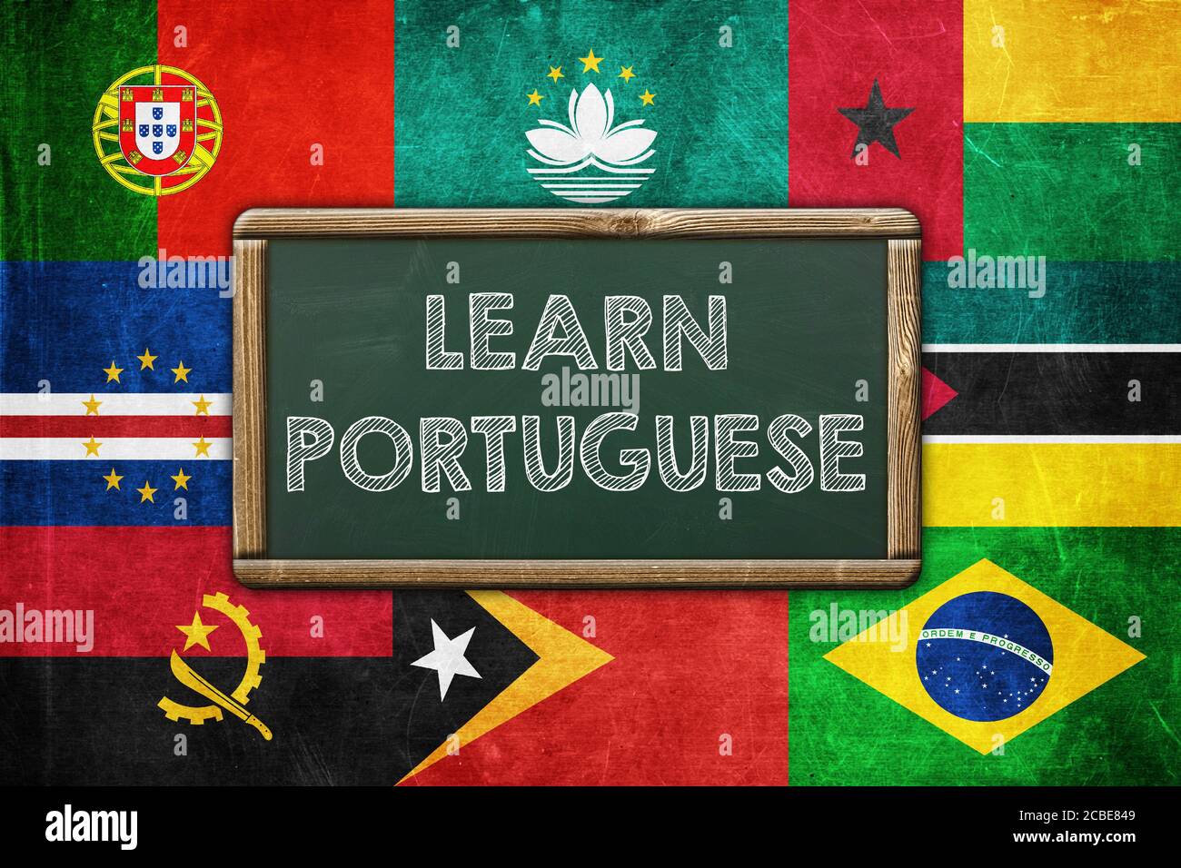 Lernen Sie Portugiesisch - Vintage-Hintergrund-Konzept Stockfoto