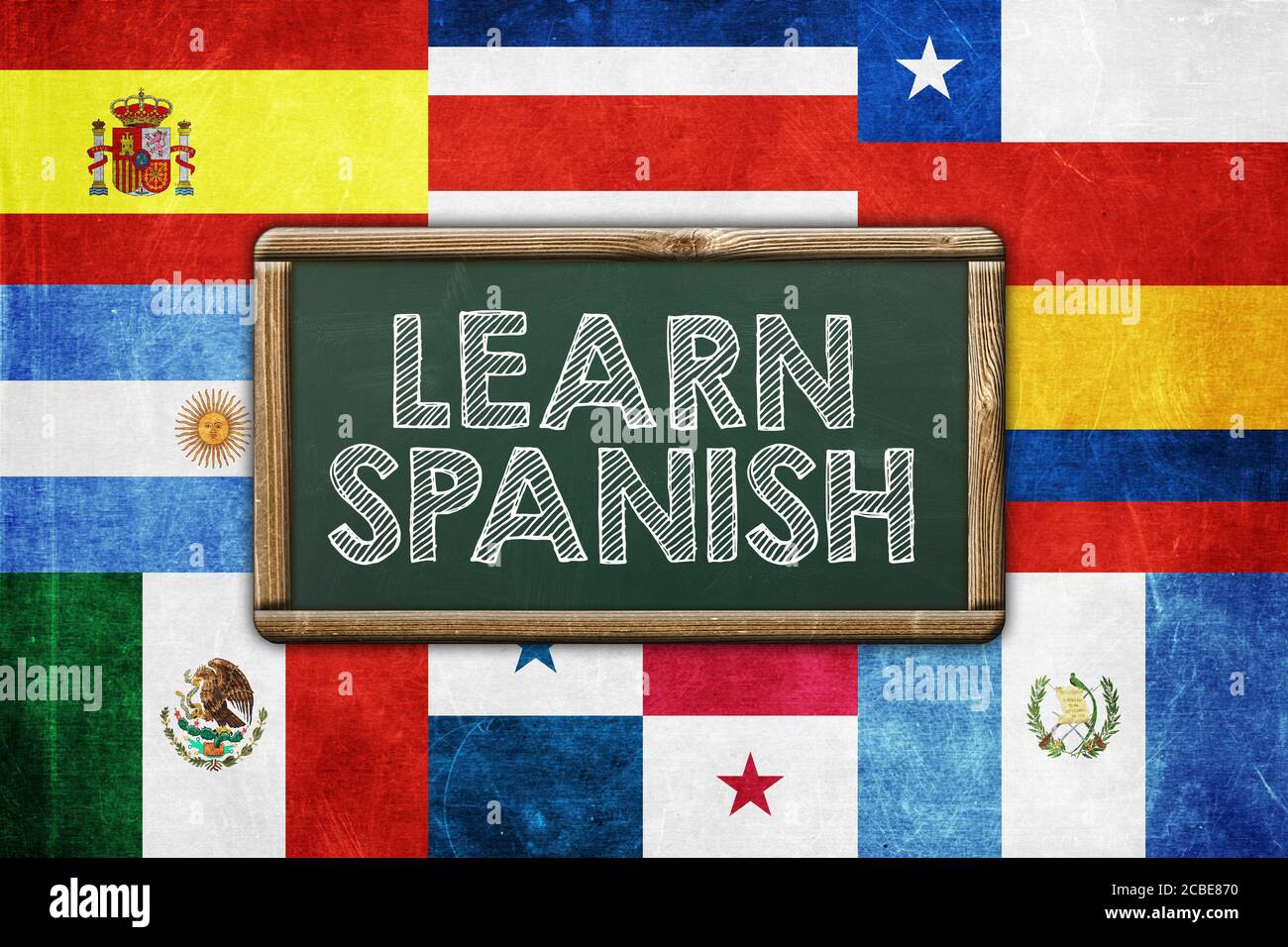 Lernen Sie Spanisch - Vintage-Hintergrund-Konzept Stockfoto