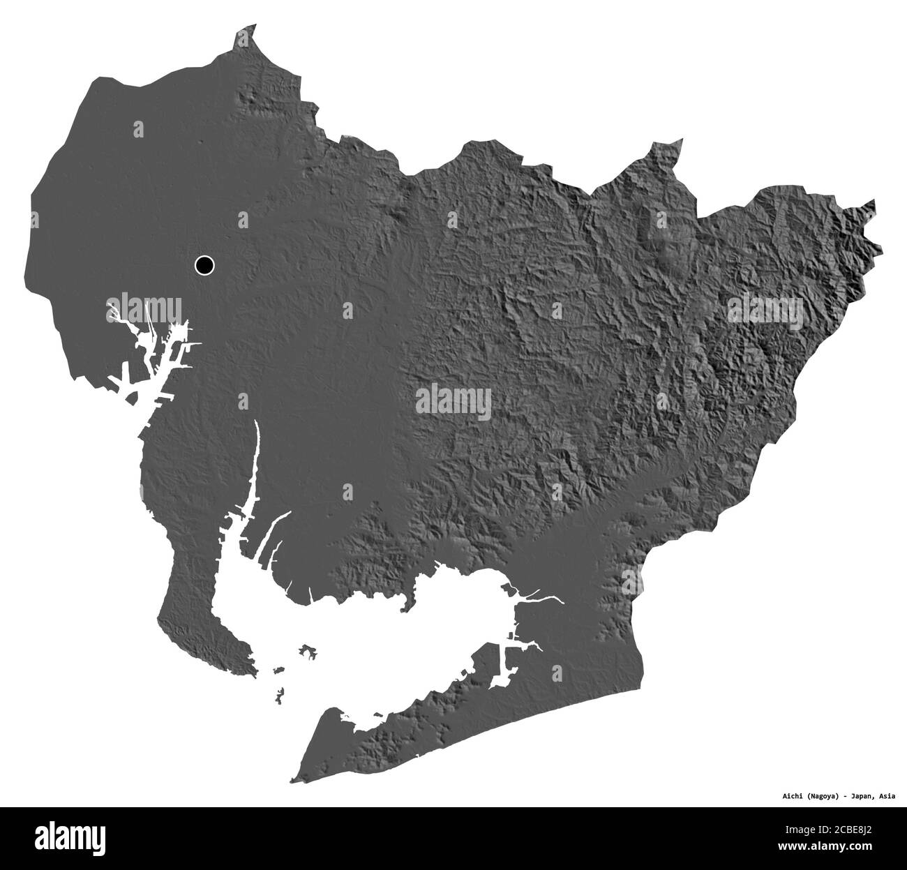 Form von Aichi, Präfektur von Japan, mit seiner Hauptstadt isoliert auf weißem Hintergrund. Höhenkarte mit zwei Ebenen. 3D-Rendering Stockfoto