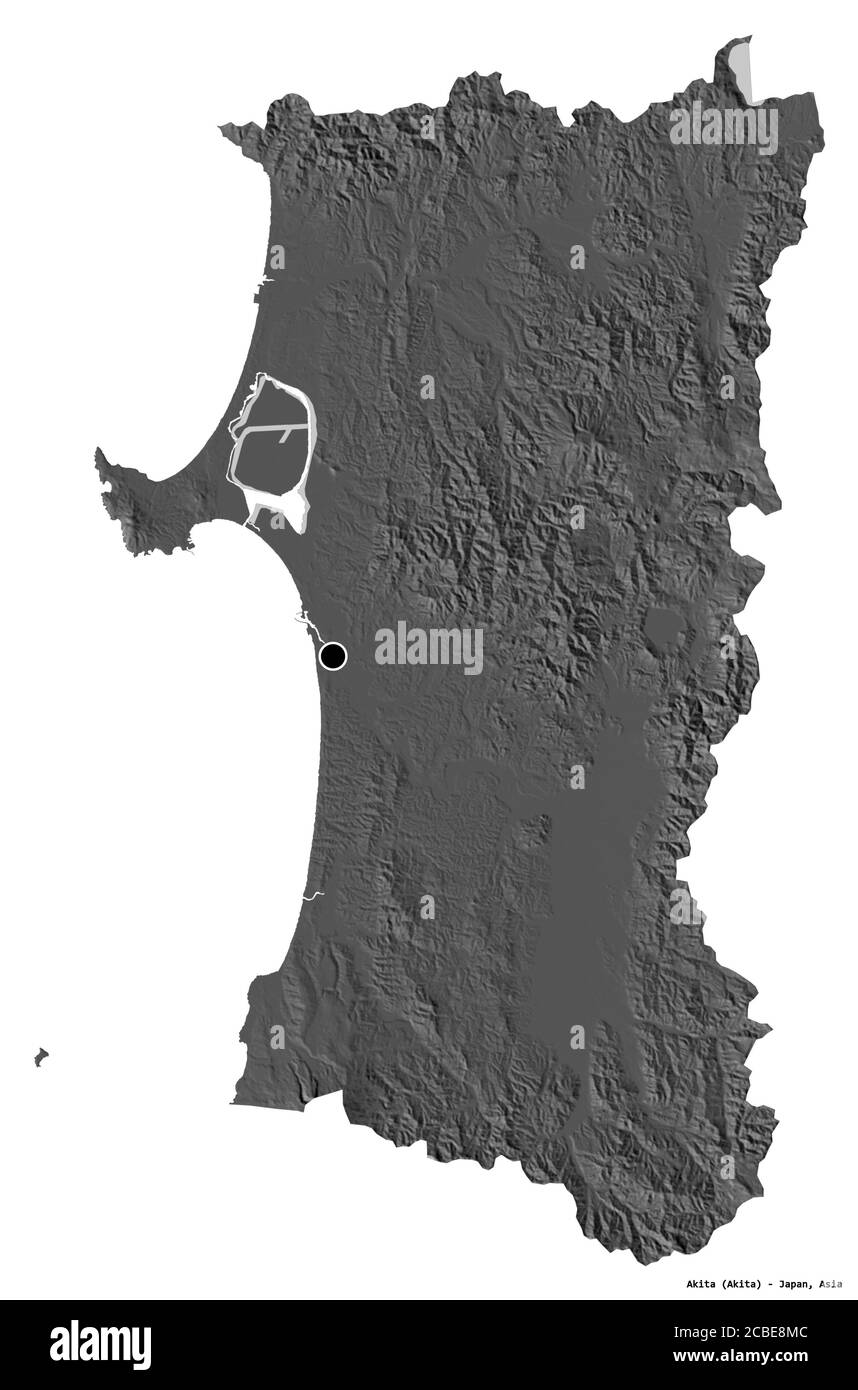 Form von Akita, Präfektur von Japan, mit seiner Hauptstadt isoliert auf weißem Hintergrund. Höhenkarte mit zwei Ebenen. 3D-Rendering Stockfoto