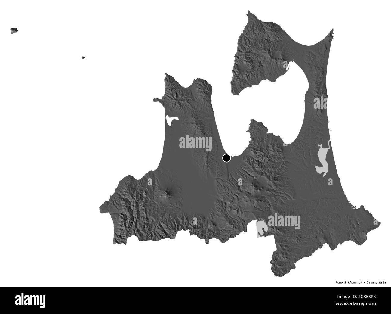 Form von Aomori, Präfektur von Japan, mit seiner Hauptstadt isoliert auf weißem Hintergrund. Höhenkarte mit zwei Ebenen. 3D-Rendering Stockfoto
