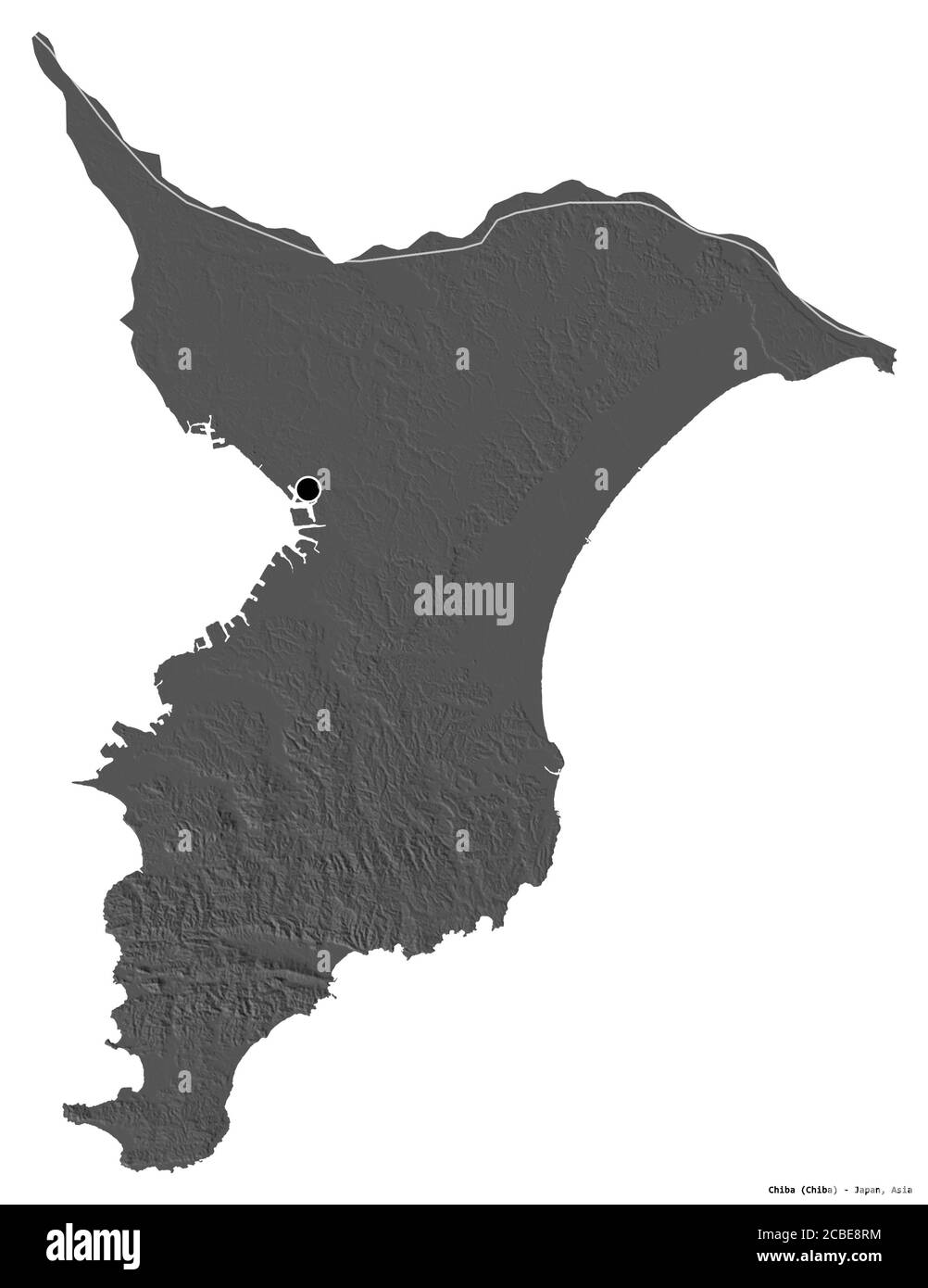 Form von Chiba, Präfektur von Japan, mit seiner Hauptstadt isoliert auf weißem Hintergrund. Höhenkarte mit zwei Ebenen. 3D-Rendering Stockfoto