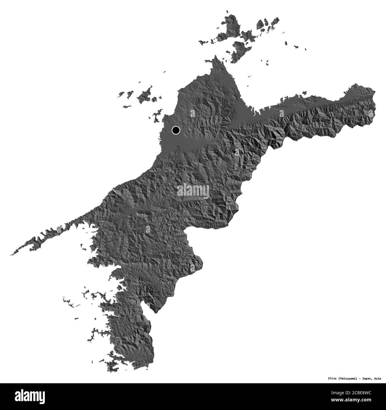 Form von Ehime, Präfektur von Japan, mit seiner Hauptstadt isoliert auf weißem Hintergrund. Höhenkarte mit zwei Ebenen. 3D-Rendering Stockfoto