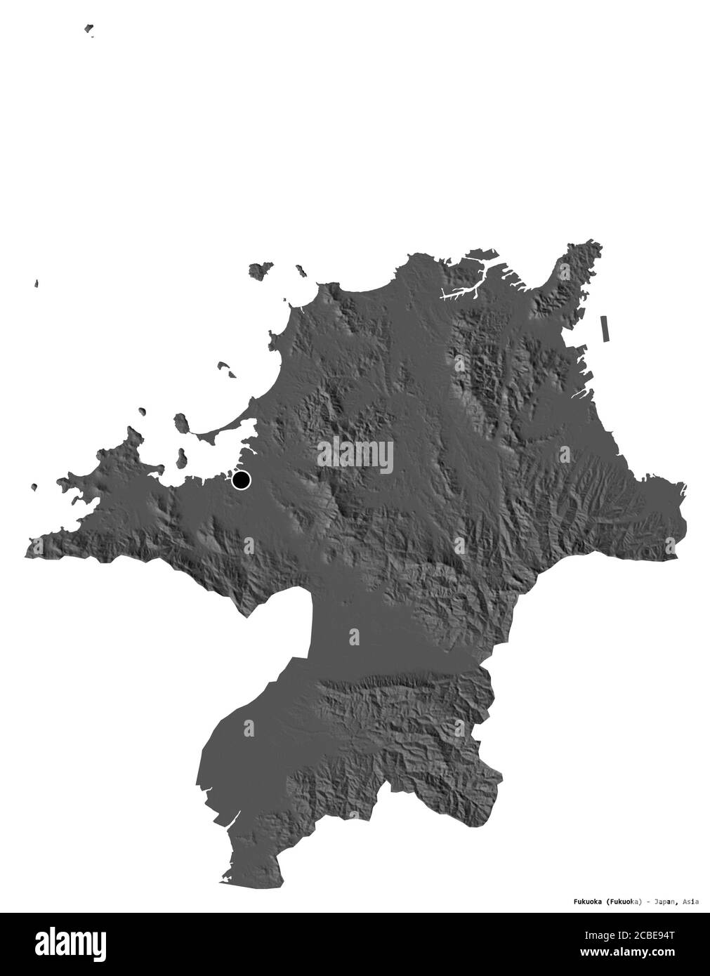 Form von Fukuoka, Präfektur von Japan, mit seiner Hauptstadt isoliert auf weißem Hintergrund. Höhenkarte mit zwei Ebenen. 3D-Rendering Stockfoto