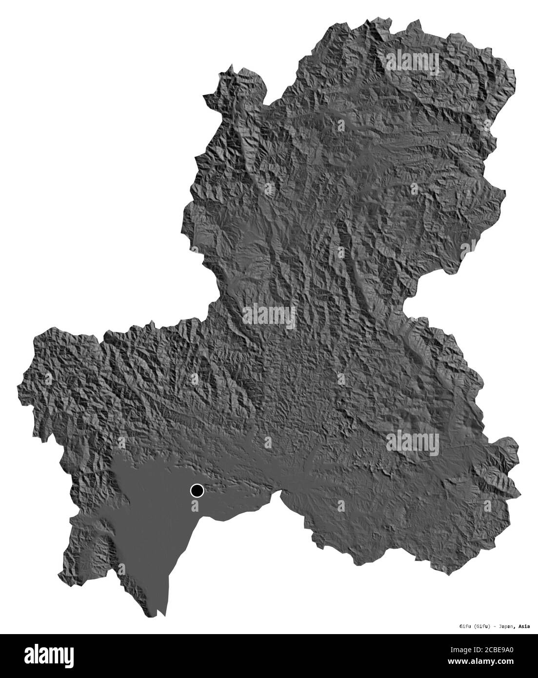 Form von Gifu, Präfektur von Japan, mit seiner Hauptstadt isoliert auf weißem Hintergrund. Höhenkarte mit zwei Ebenen. 3D-Rendering Stockfoto