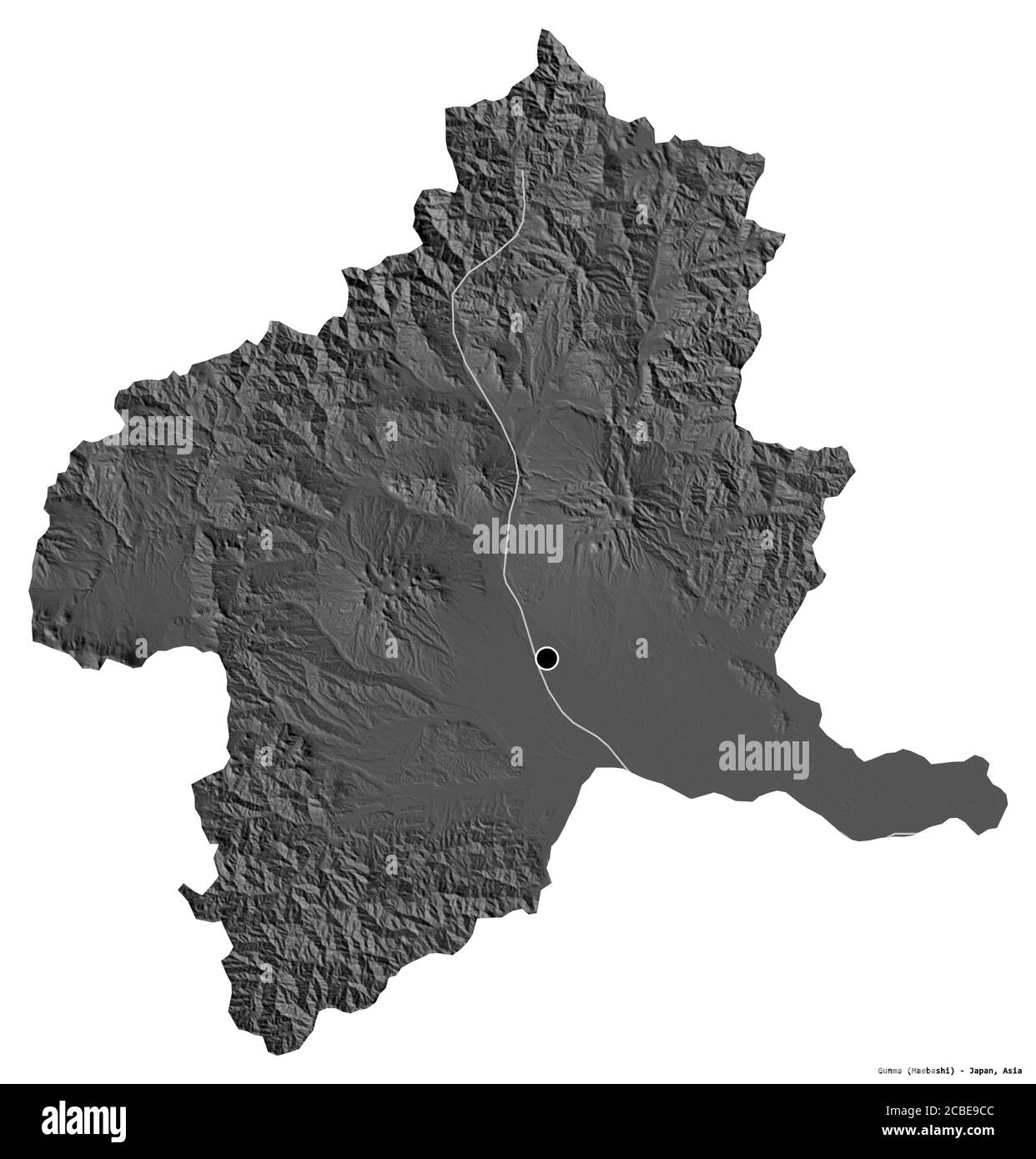 Form von Gunma, Präfektur von Japan, mit seiner Hauptstadt isoliert auf weißem Hintergrund. Höhenkarte mit zwei Ebenen. 3D-Rendering Stockfoto