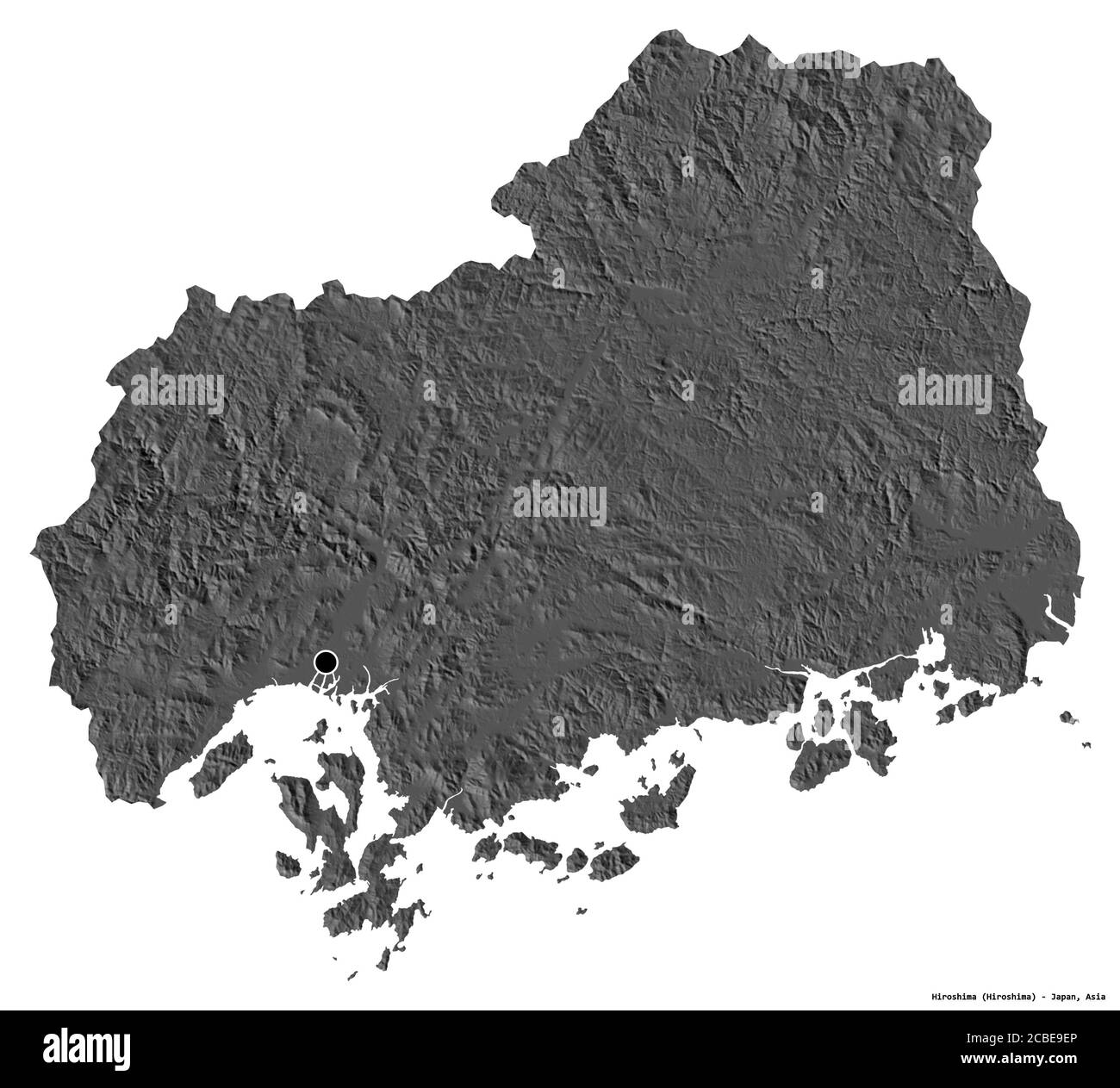 Form von Hiroshima, Präfektur von Japan, mit seiner Hauptstadt isoliert auf weißem Hintergrund. Höhenkarte mit zwei Ebenen. 3D-Rendering Stockfoto
