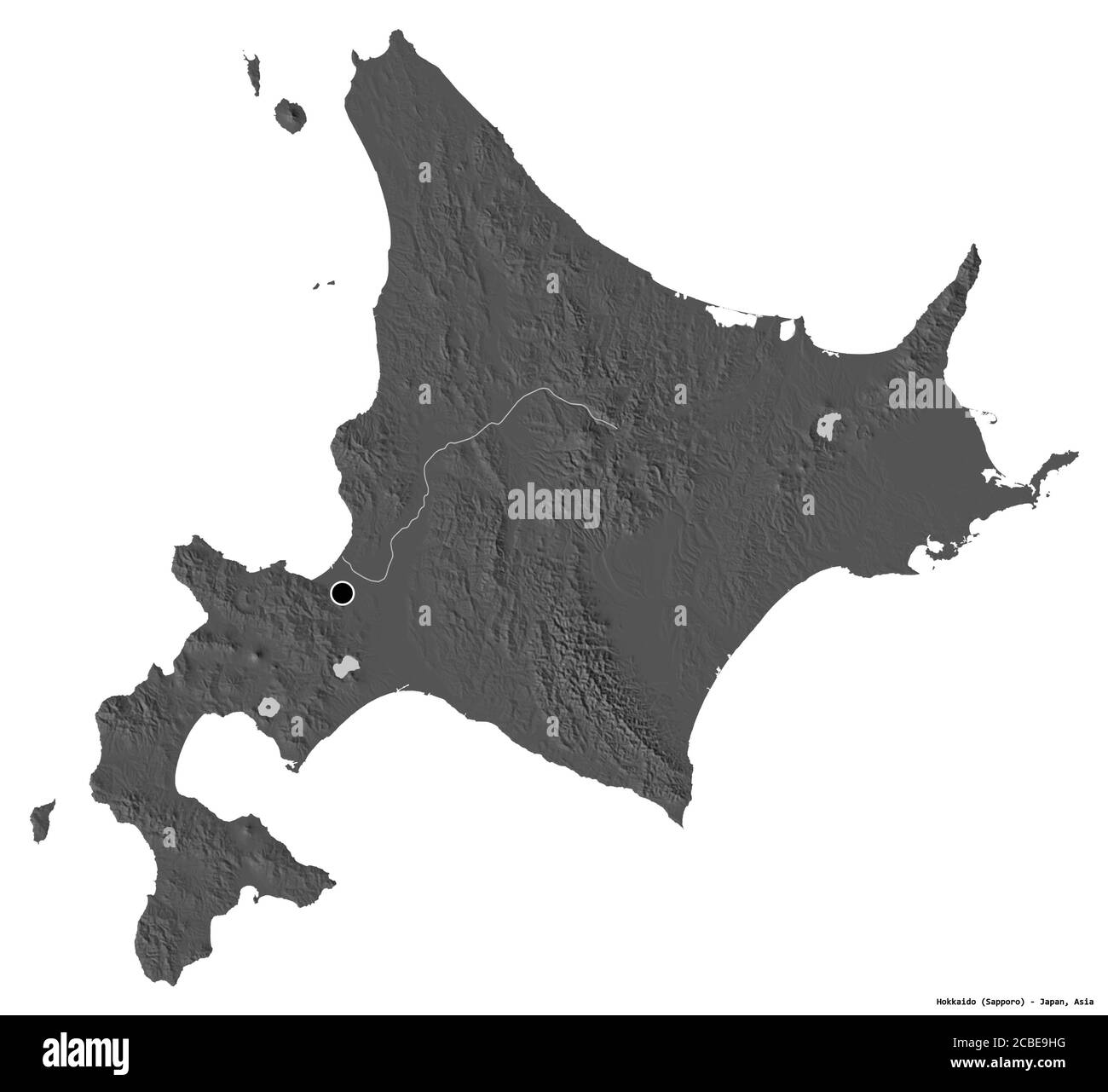 Form von Hokkaido, Kreis von Japan, mit seiner Hauptstadt isoliert auf weißem Hintergrund. Höhenkarte mit zwei Ebenen. 3D-Rendering Stockfoto