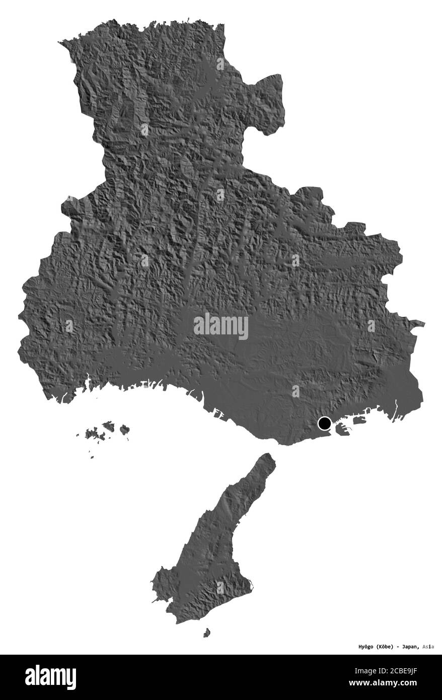 Form von Hyōgo, Präfektur von Japan, mit seiner Hauptstadt isoliert auf weißem Hintergrund. Höhenkarte mit zwei Ebenen. 3D-Rendering Stockfoto