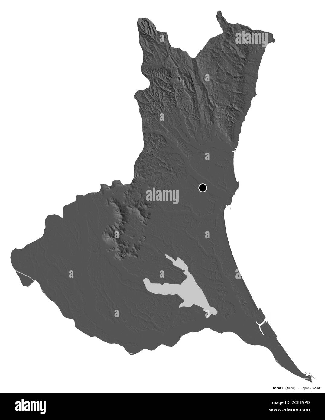 Form von Ibaraki, Präfektur von Japan, mit seiner Hauptstadt isoliert auf weißem Hintergrund. Höhenkarte mit zwei Ebenen. 3D-Rendering Stockfoto