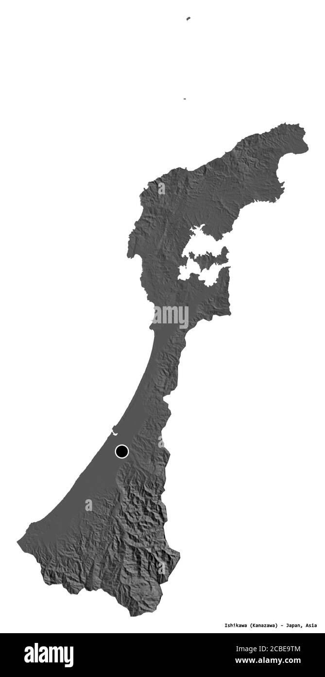 Form von Ishikawa, Präfektur von Japan, mit seiner Hauptstadt isoliert auf weißem Hintergrund. Höhenkarte mit zwei Ebenen. 3D-Rendering Stockfoto