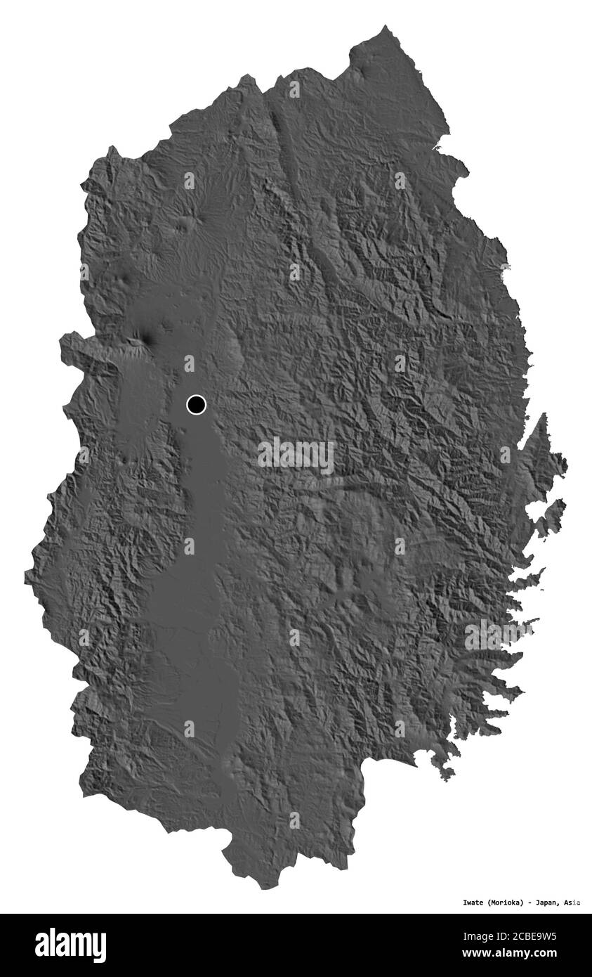 Form von Iwate, Präfektur von Japan, mit seiner Hauptstadt isoliert auf weißem Hintergrund. Höhenkarte mit zwei Ebenen. 3D-Rendering Stockfoto