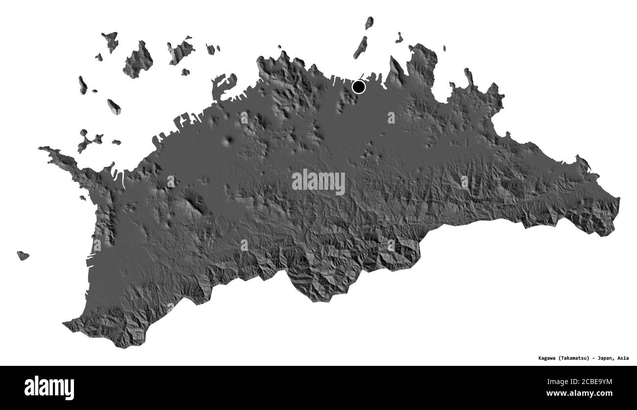 Form von Kagawa, Präfektur von Japan, mit seiner Hauptstadt isoliert auf weißem Hintergrund. Höhenkarte mit zwei Ebenen. 3D-Rendering Stockfoto