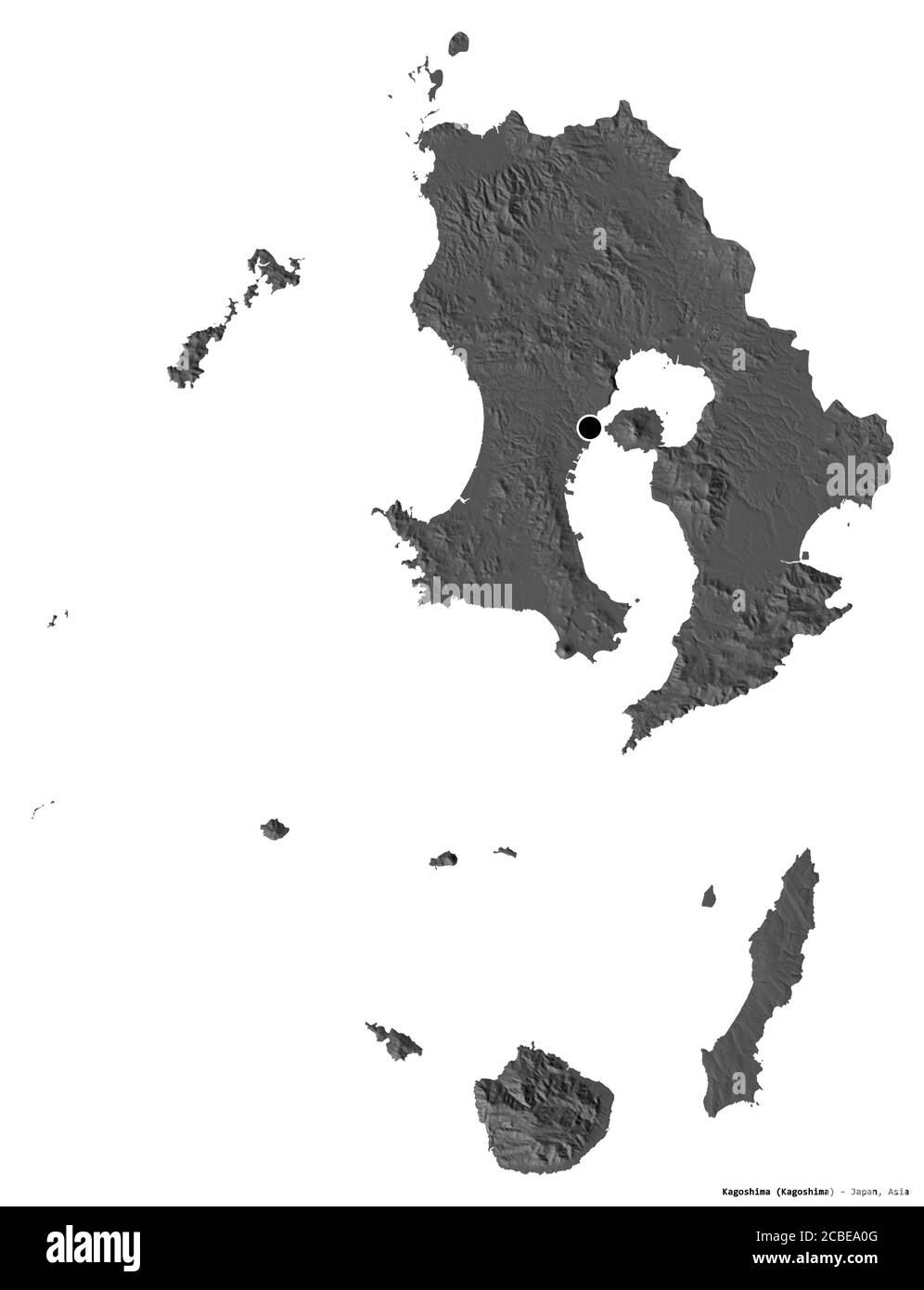 Form von Kagoshima, Präfektur von Japan, mit seiner Hauptstadt isoliert auf weißem Hintergrund. Höhenkarte mit zwei Ebenen. 3D-Rendering Stockfoto