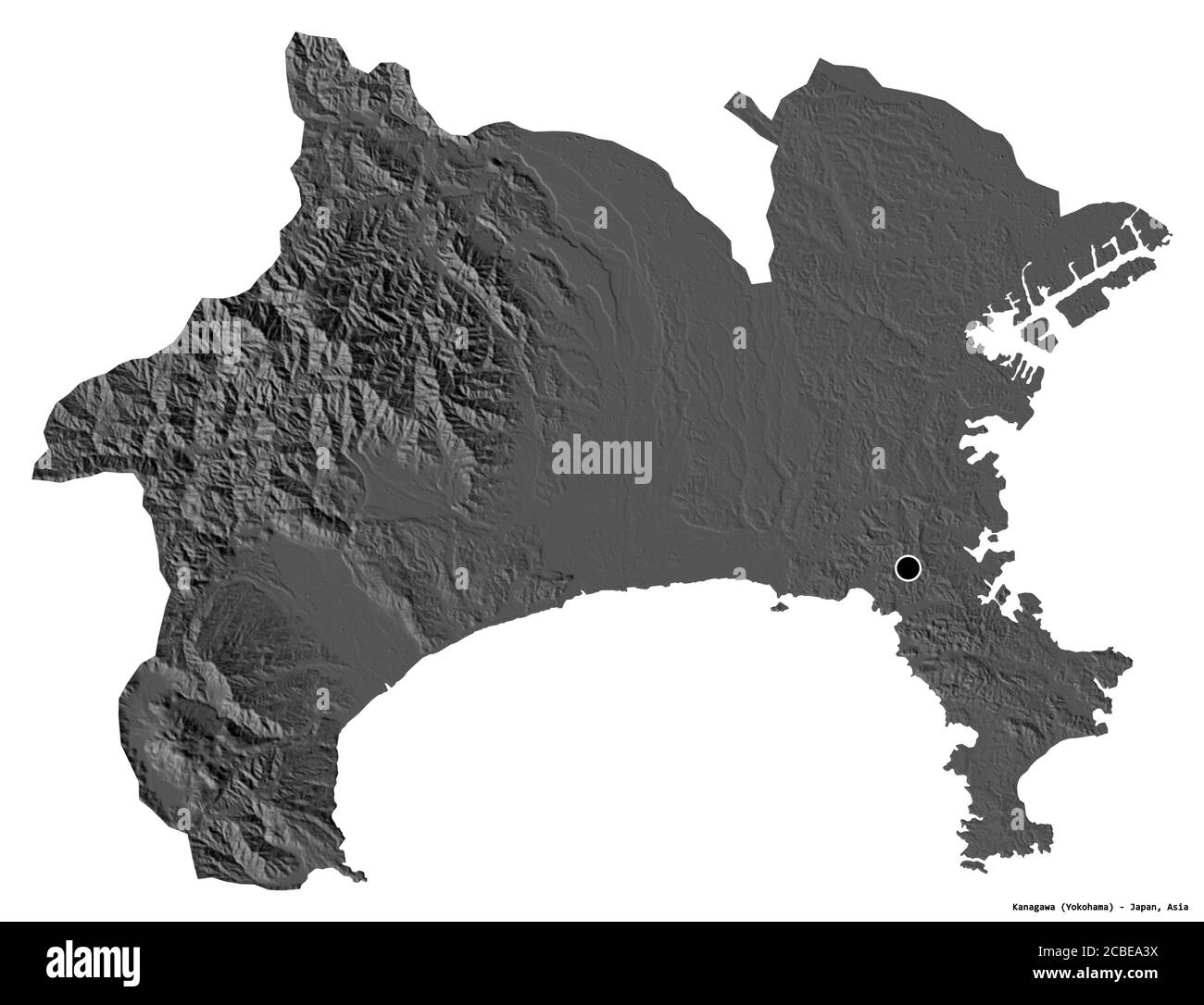 Form von Kanagawa, Präfektur von Japan, mit seiner Hauptstadt isoliert auf weißem Hintergrund. Höhenkarte mit zwei Ebenen. 3D-Rendering Stockfoto