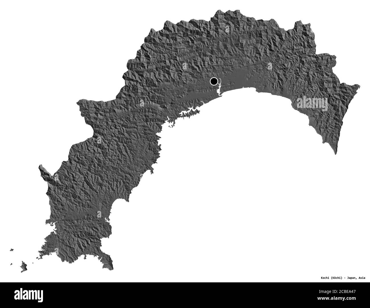Form von Kochi, Präfektur von Japan, mit seiner Hauptstadt isoliert auf weißem Hintergrund. Höhenkarte mit zwei Ebenen. 3D-Rendering Stockfoto