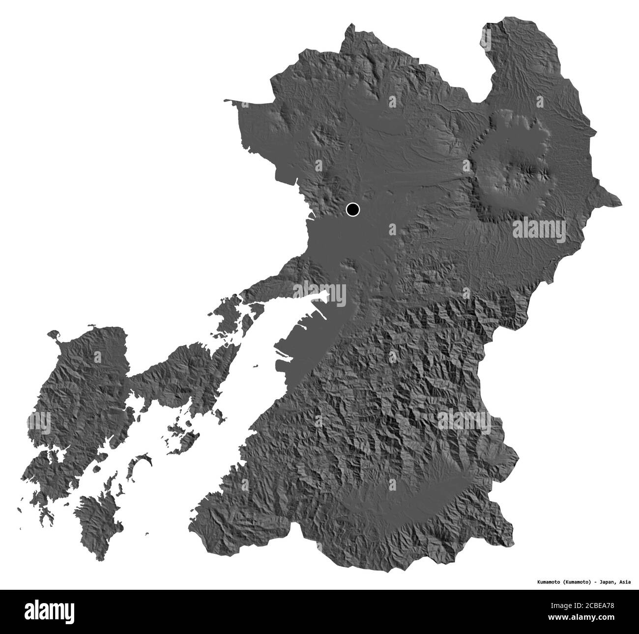 Form von Kumamoto, Präfektur von Japan, mit seiner Hauptstadt isoliert auf weißem Hintergrund. Höhenkarte mit zwei Ebenen. 3D-Rendering Stockfoto