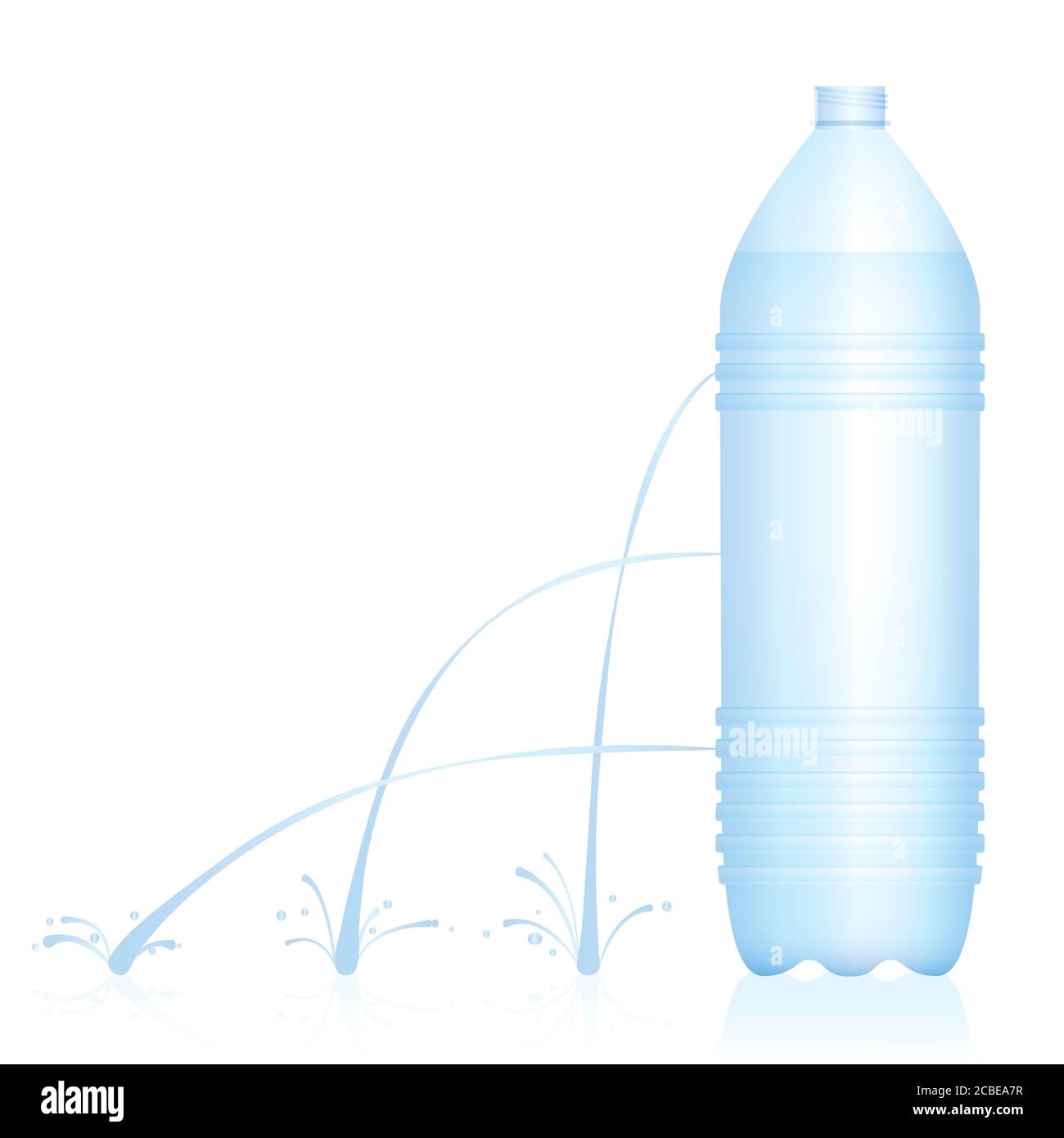 Plastikflasche mit verschiedenen Wasserstrahlen - schwacher, mittlerer und starker Strahl. Physikalisches Experiment zur Fluiddynamik. Stockfoto