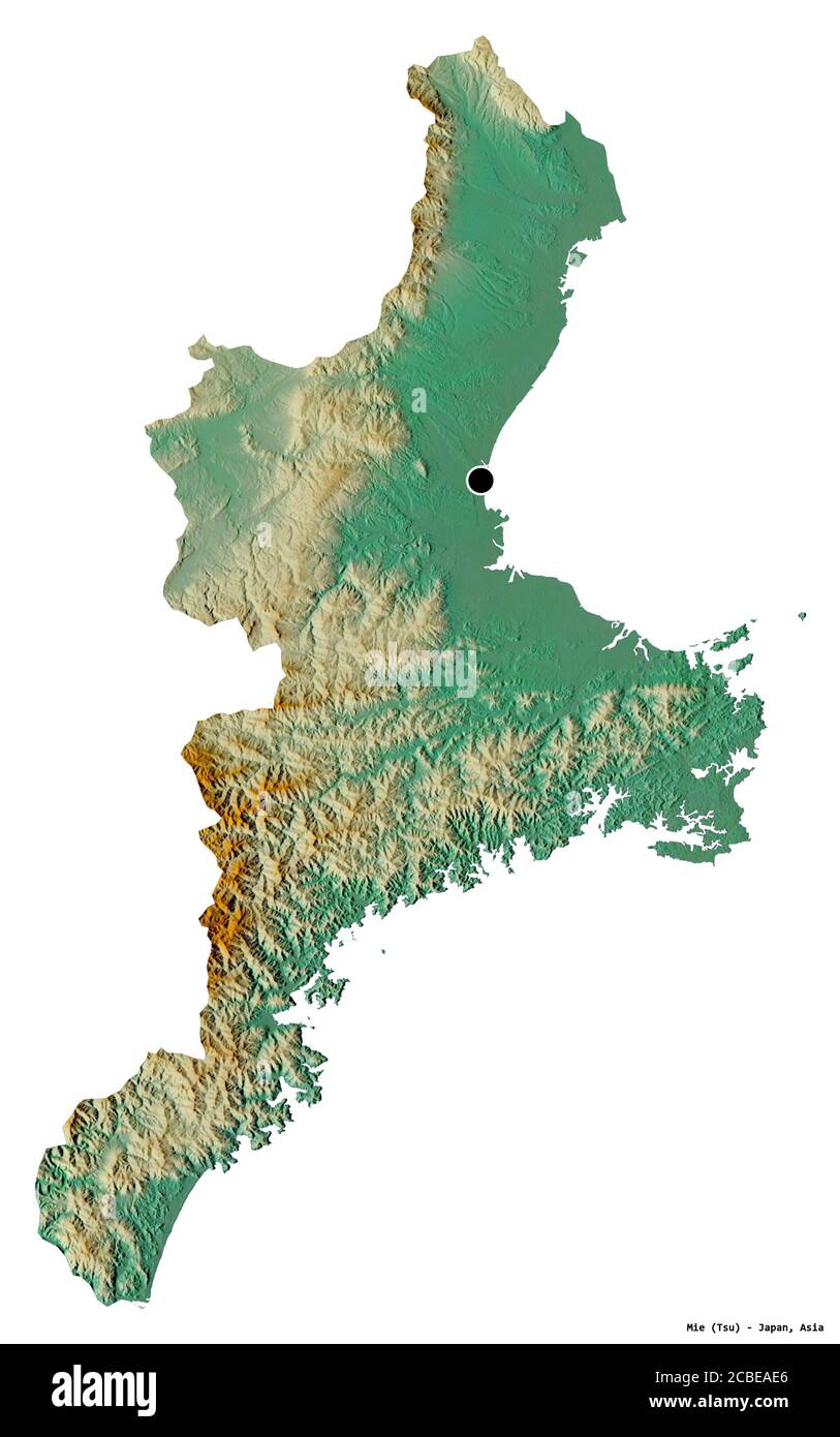 Form von Mie, Präfektur von Japan, mit seiner Hauptstadt isoliert auf weißem Hintergrund. Topografische Reliefkarte. 3D-Rendering Stockfoto