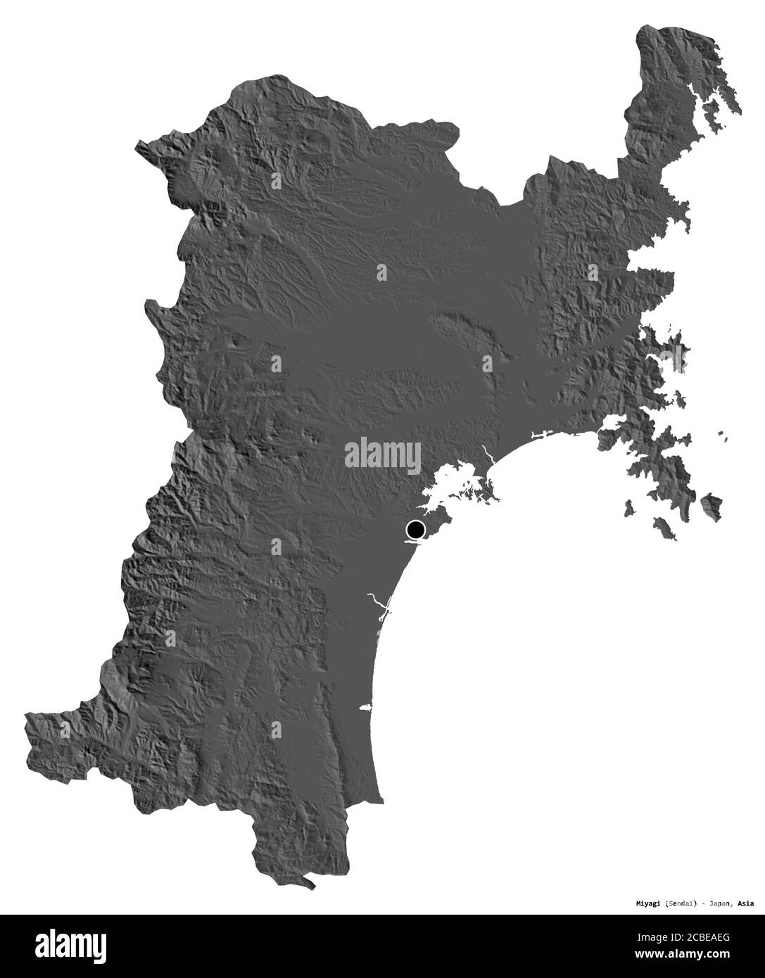 Form von Miyagi, Präfektur von Japan, mit seiner Hauptstadt isoliert auf weißem Hintergrund. Höhenkarte mit zwei Ebenen. 3D-Rendering Stockfoto