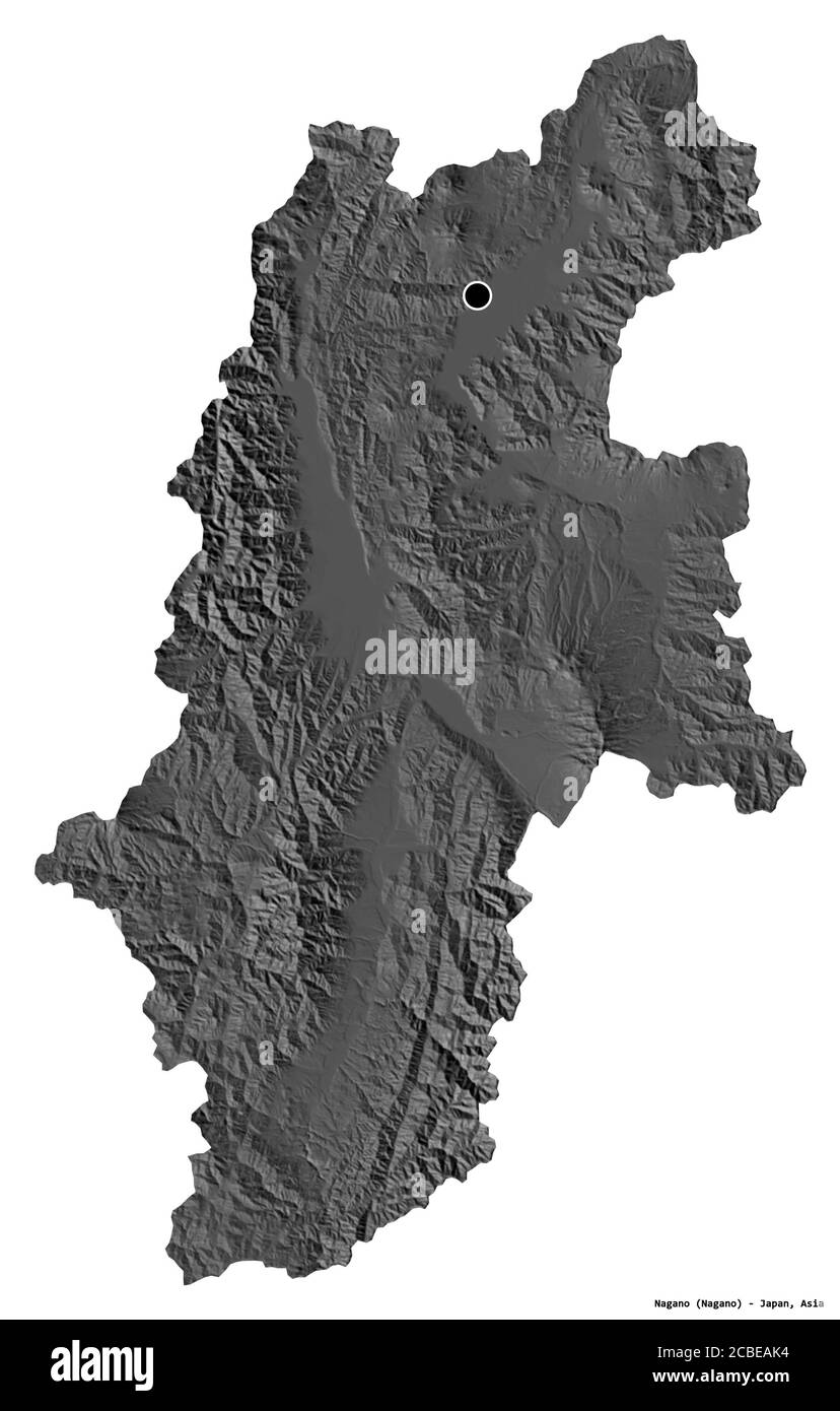 Form von Nagano, Präfektur von Japan, mit seiner Hauptstadt isoliert auf weißem Hintergrund. Höhenkarte mit zwei Ebenen. 3D-Rendering Stockfoto