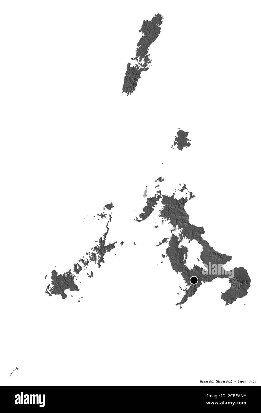 Form von Nagasaki, Präfektur von Japan, mit seiner Hauptstadt isoliert auf weißem Hintergrund. Höhenkarte mit zwei Ebenen. 3D-Rendering Stockfoto