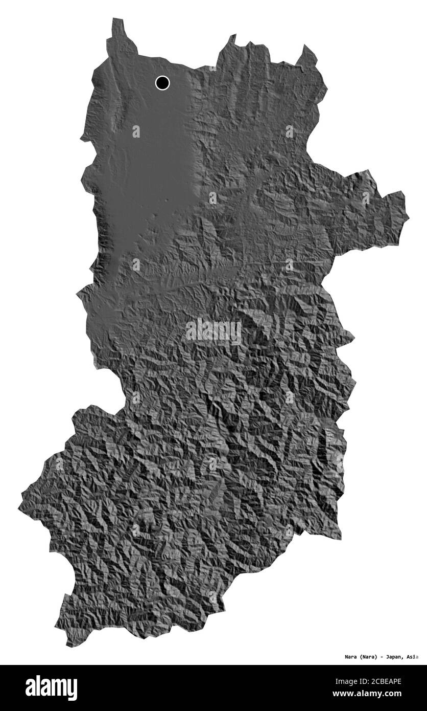 Form von Nara, Präfektur von Japan, mit seiner Hauptstadt isoliert auf weißem Hintergrund. Höhenkarte mit zwei Ebenen. 3D-Rendering Stockfoto