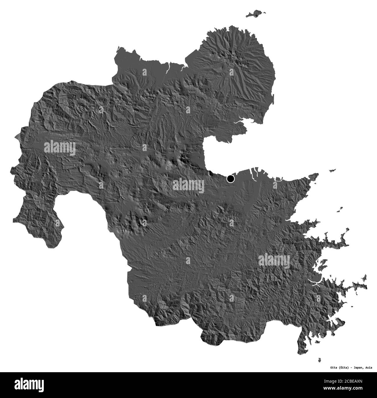 Form von Oita, Präfektur von Japan, mit seiner Hauptstadt isoliert auf weißem Hintergrund. Höhenkarte mit zwei Ebenen. 3D-Rendering Stockfoto