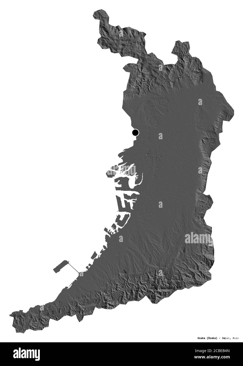 Form von Osaka, Stadtpräfektur von Japan, mit seiner Hauptstadt isoliert auf weißem Hintergrund. Höhenkarte mit zwei Ebenen. 3D-Rendering Stockfoto