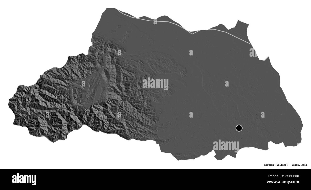 Form von Saitama, Präfektur von Japan, mit seiner Hauptstadt isoliert auf weißem Hintergrund. Höhenkarte mit zwei Ebenen. 3D-Rendering Stockfoto