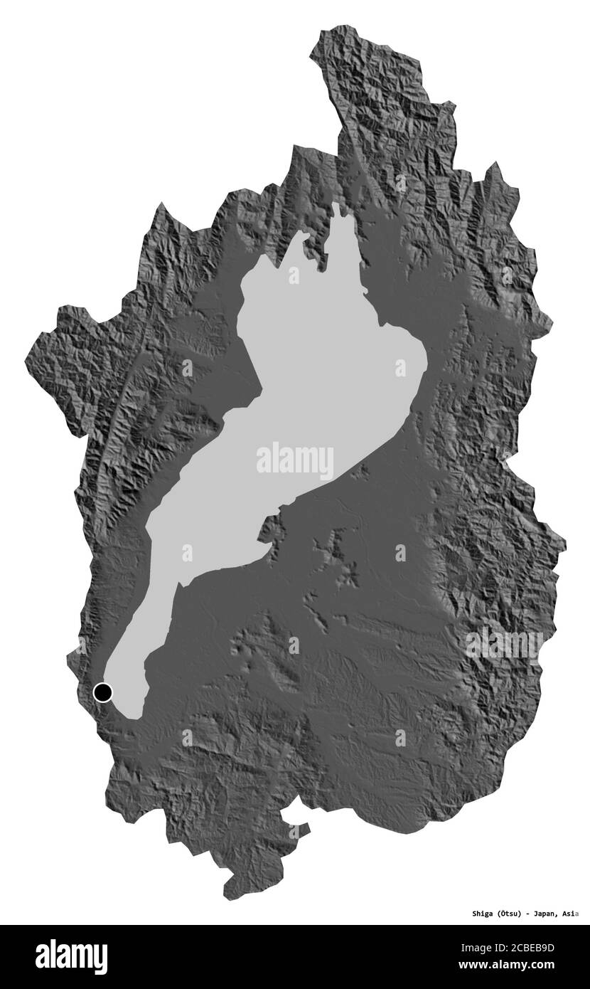 Form von Shiga, Präfektur von Japan, mit seiner Hauptstadt isoliert auf weißem Hintergrund. Höhenkarte mit zwei Ebenen. 3D-Rendering Stockfoto