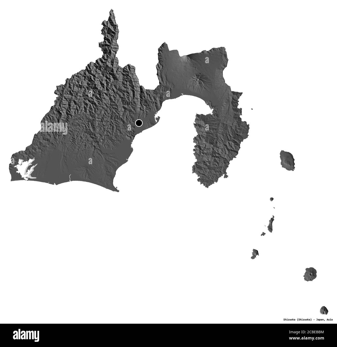 Form von Shizuoka, Präfektur von Japan, mit seiner Hauptstadt isoliert auf weißem Hintergrund. Höhenkarte mit zwei Ebenen. 3D-Rendering Stockfoto
