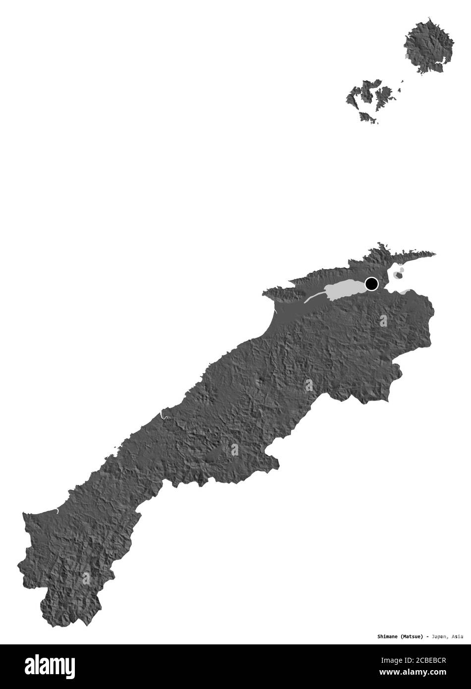 Form von Shimane, Präfektur von Japan, mit seiner Hauptstadt isoliert auf weißem Hintergrund. Höhenkarte mit zwei Ebenen. 3D-Rendering Stockfoto