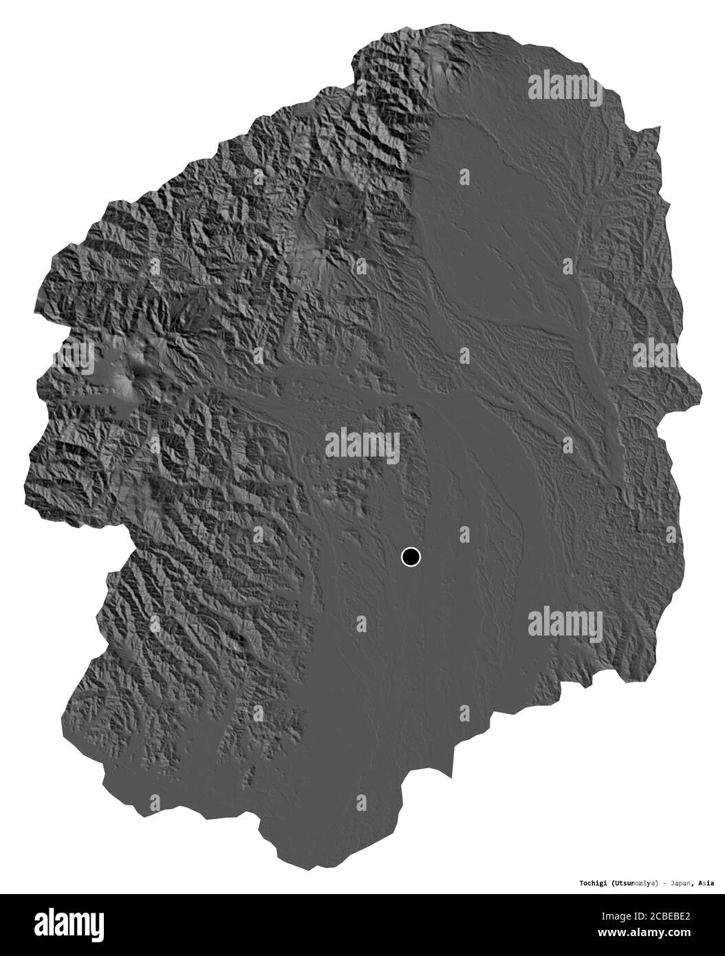 Form von Tochigi, Präfektur von Japan, mit seiner Hauptstadt isoliert auf weißem Hintergrund. Höhenkarte mit zwei Ebenen. 3D-Rendering Stockfoto