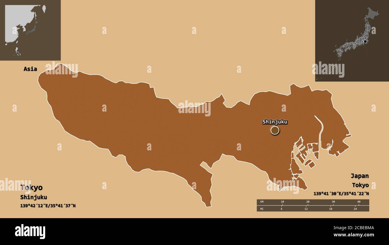 Form von Tokio, der Metropole Japans, und ihrer Hauptstadt. Entfernungsskala, Vorschauen und Beschriftungen. Komposition von gemusterten Texturen. 3D-Rendering Stockfoto