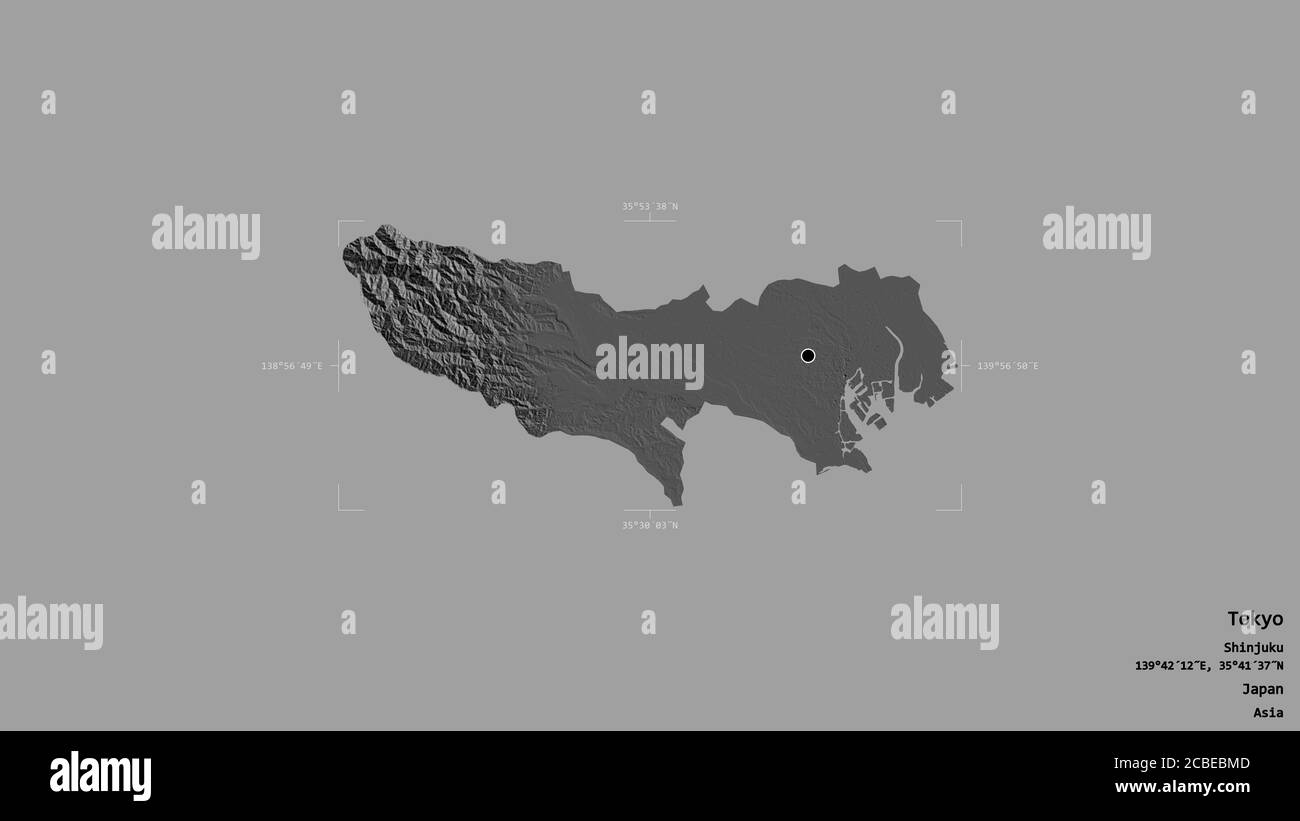 Bereich von Tokyo, Metropole von Japan, isoliert auf einem soliden Hintergrund in einem georeferenzierten Begrenzungsrahmen. Beschriftungen. Höhenkarte mit zwei Ebenen. 3D-Rendering Stockfoto