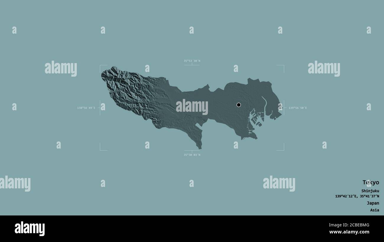 Bereich von Tokyo, Metropole von Japan, isoliert auf einem soliden Hintergrund in einem georeferenzierten Begrenzungsrahmen. Beschriftungen. Farbige Höhenkarte. 3D-Rendering Stockfoto