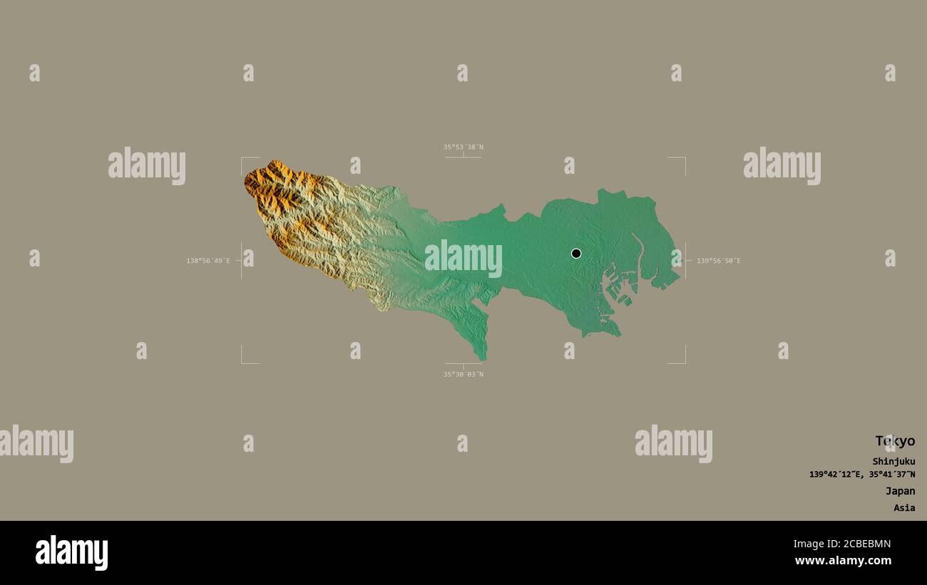 Bereich von Tokyo, Metropole von Japan, isoliert auf einem soliden Hintergrund in einem georeferenzierten Begrenzungsrahmen. Beschriftungen. Topografische Reliefkarte. 3D-Rendering Stockfoto